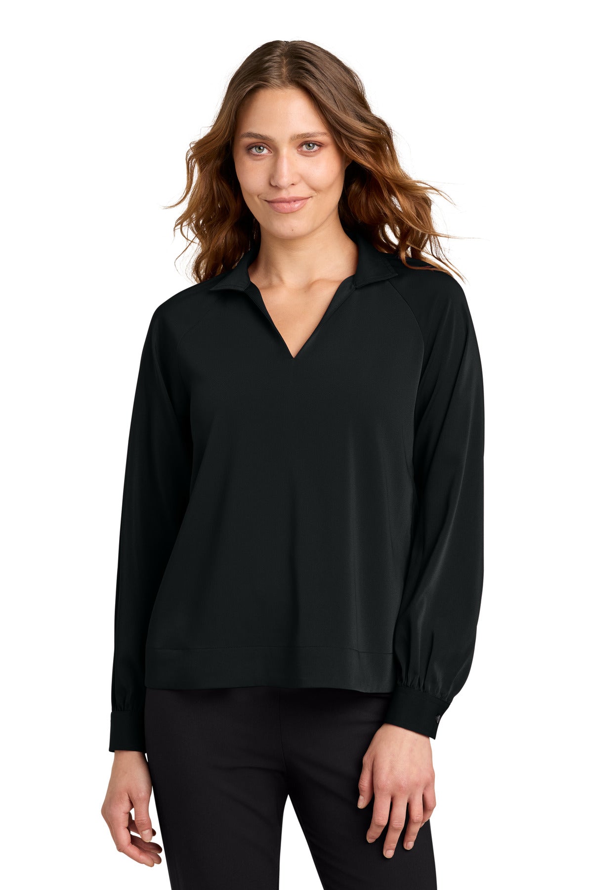 Custom Deep Black Long Sleeve Buttery Soft Popover Blouse MM2019, personalized by SanCanDo Swag in Argyle, TX