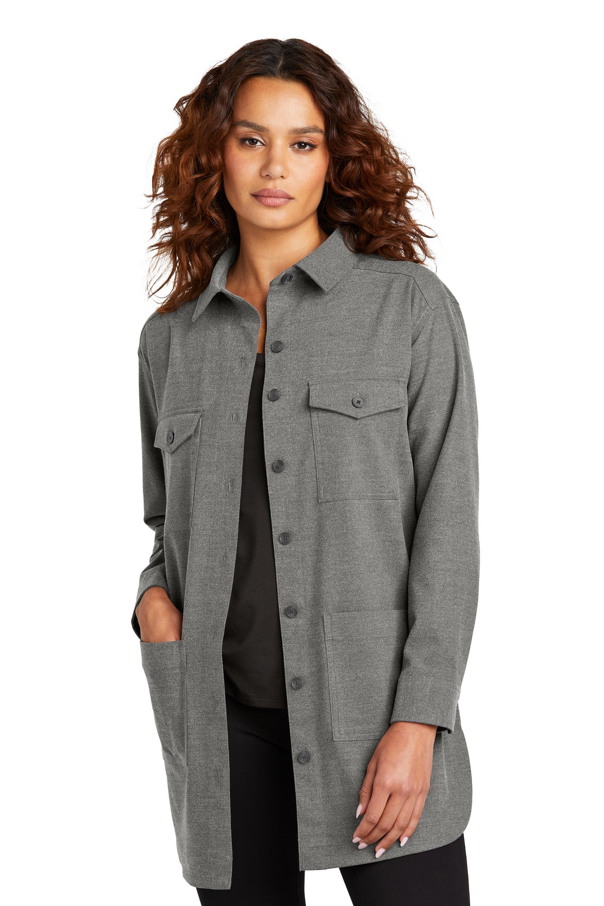 Custom Light Anchor Grey Heather Women's Long Sleeve Twill Overshirt MM2021, personalized by SanCanDo Swag in Argyle, TX