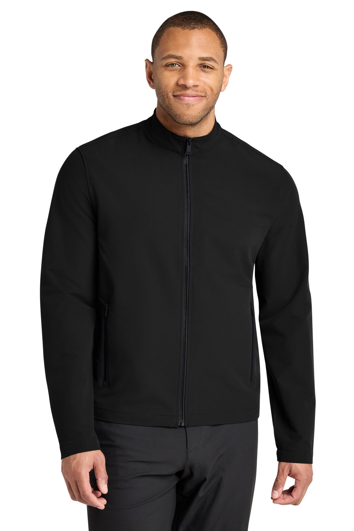 Custom Deep Black Stretch Soft Shell Jacket MM7102, personalized by SanCanDo Swag in Argyle, TX