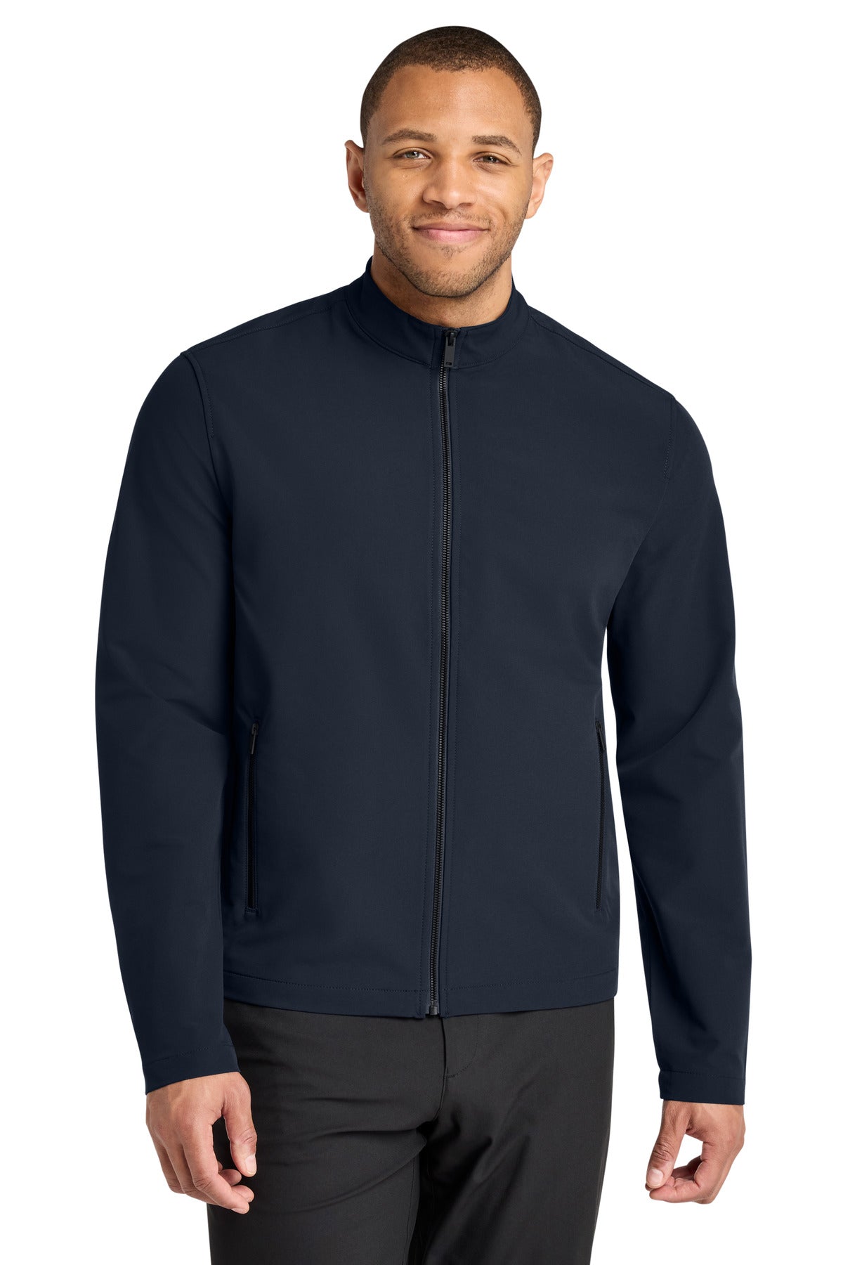 Custom Night Navy Stretch Soft Shell Jacket MM7102, personalized by SanCanDo Swag in Argyle, TX