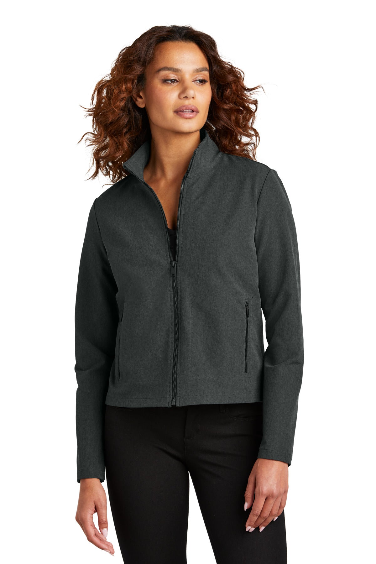 Custom Anchor Grey Heather Women's Stretch Soft Shell Jacket MM7103, personalized by SanCanDo Swag in Argyle, TX