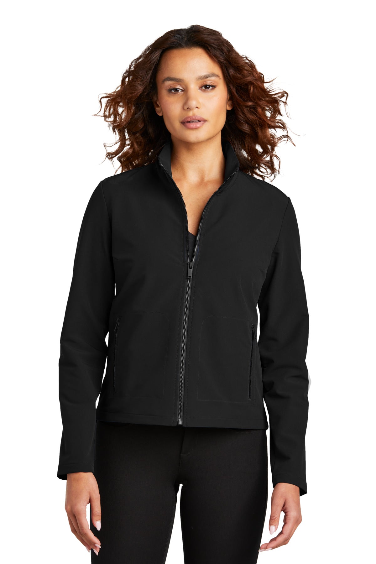 Custom Deep Black Women's Stretch Soft Shell Jacket MM7103, personalized by SanCanDo Swag in Argyle, TX
