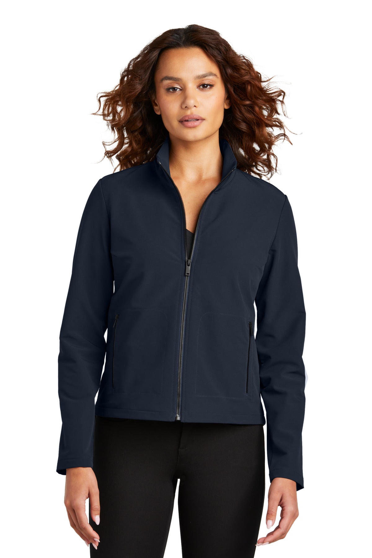 Custom Night Navy Women's Stretch Soft Shell Jacket MM7103, personalized by SanCanDo Swag in Argyle, TX