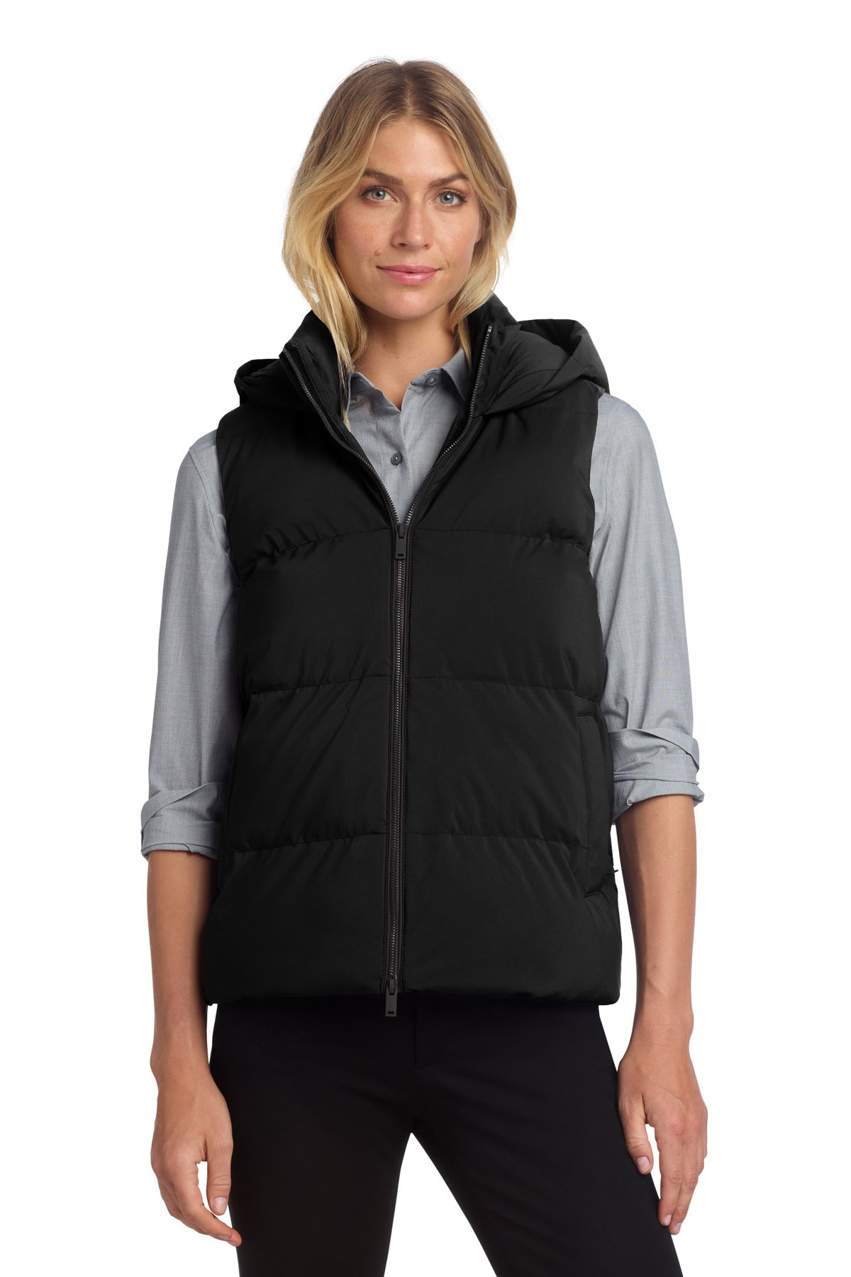 Custom Deep Black Women's Puffy Vest MM7217, personalized by SanCanDo Swag in Argyle, TX