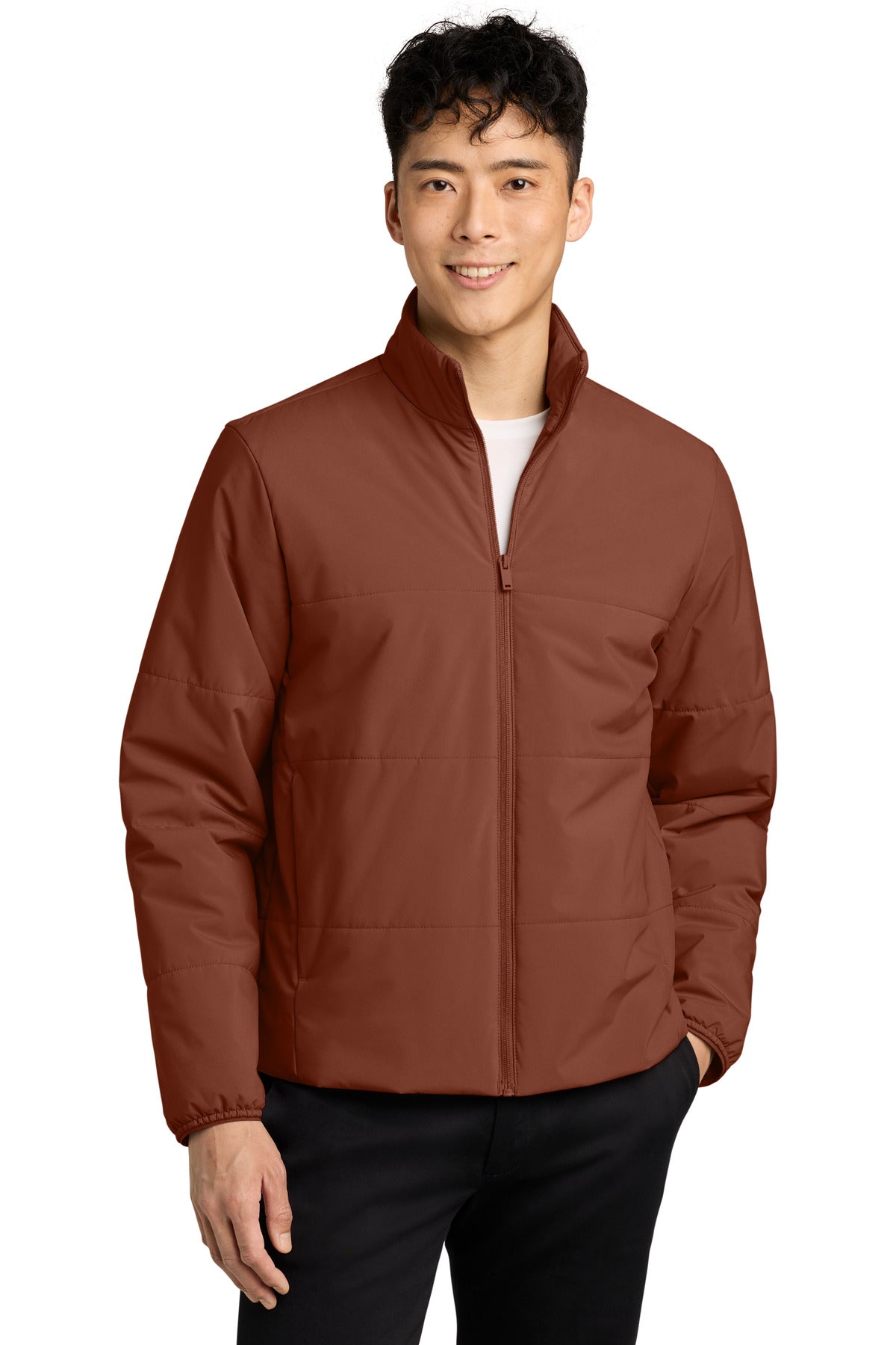 Custom Dark Sienna Brookline Quilted Jacket MM7220, personalized by SanCanDo Swag in Argyle, TX