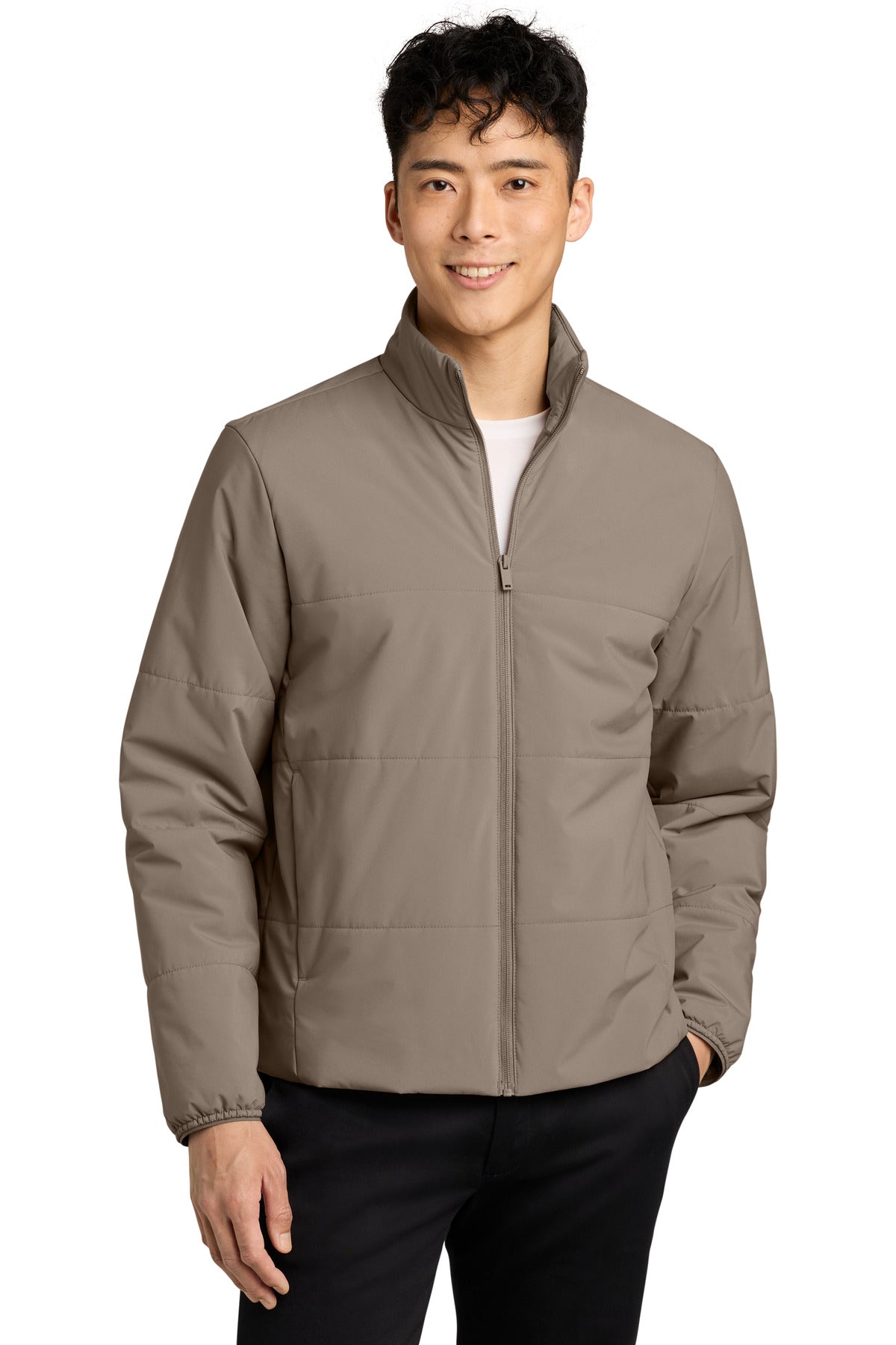 Custom Warm Taupe Brookline Quilted Jacket MM7220, personalized by SanCanDo Swag in Argyle, TX