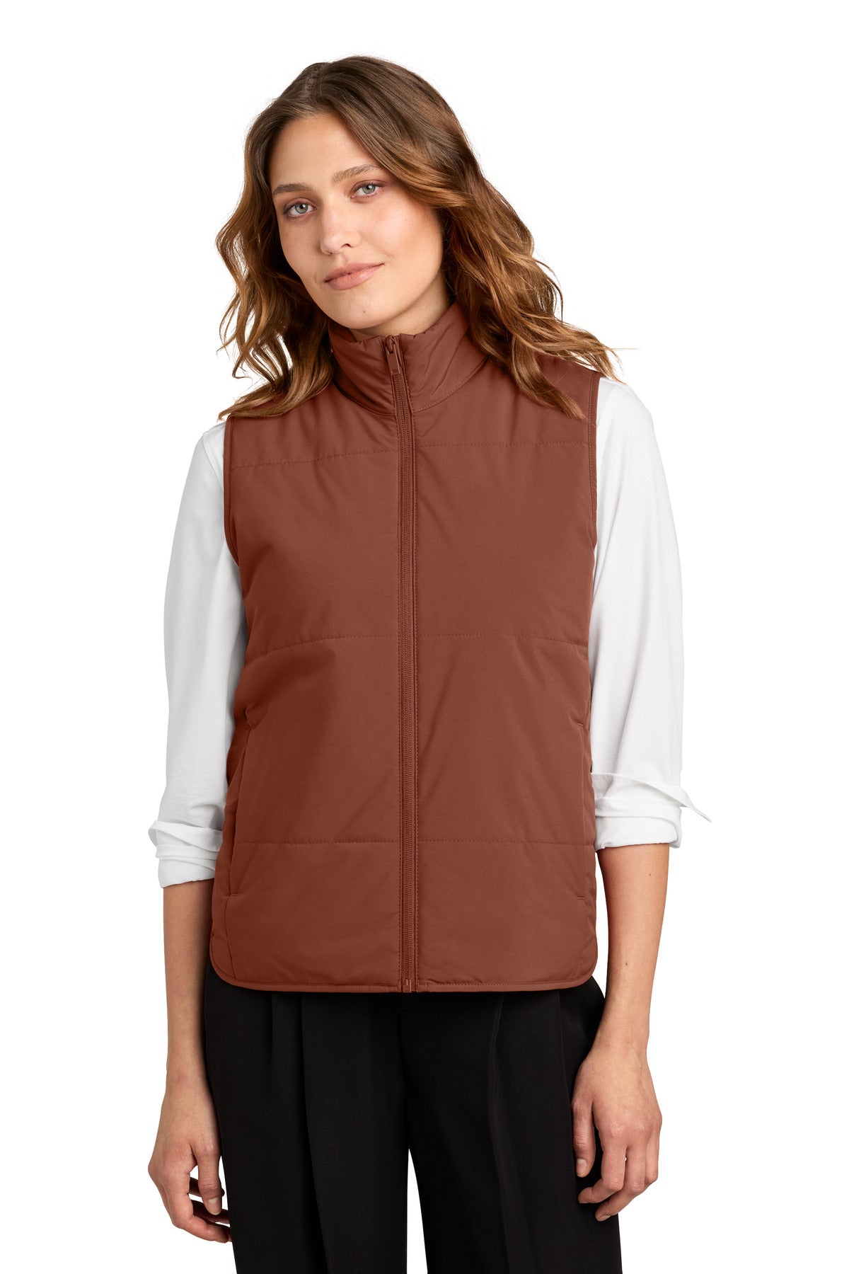 Custom Dark Sienna Women's Brookline Quilted Vest MM7223, personalized by SanCanDo Swag in Argyle, TX