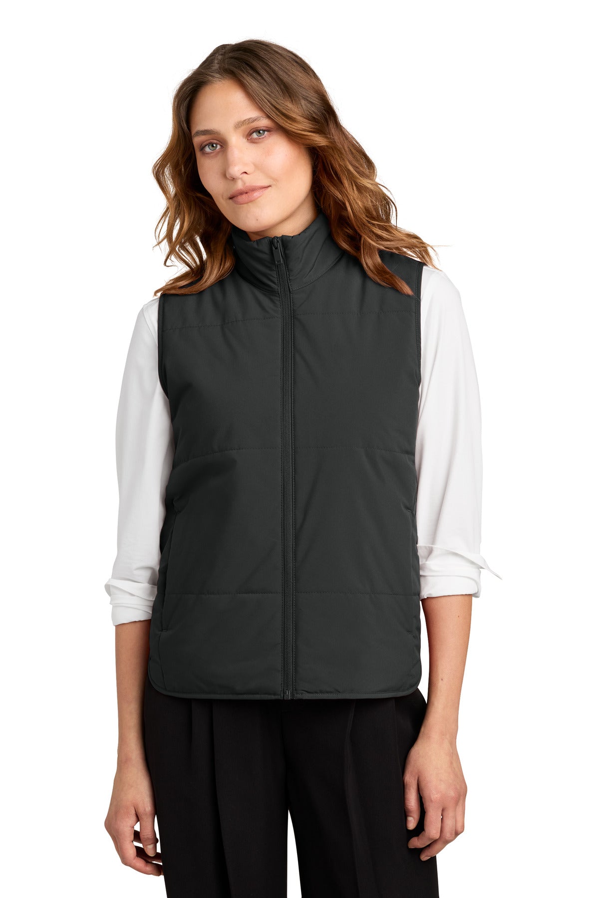 Custom Deep Black Women's Brookline Quilted Vest MM7223, personalized by SanCanDo Swag in Argyle, TX