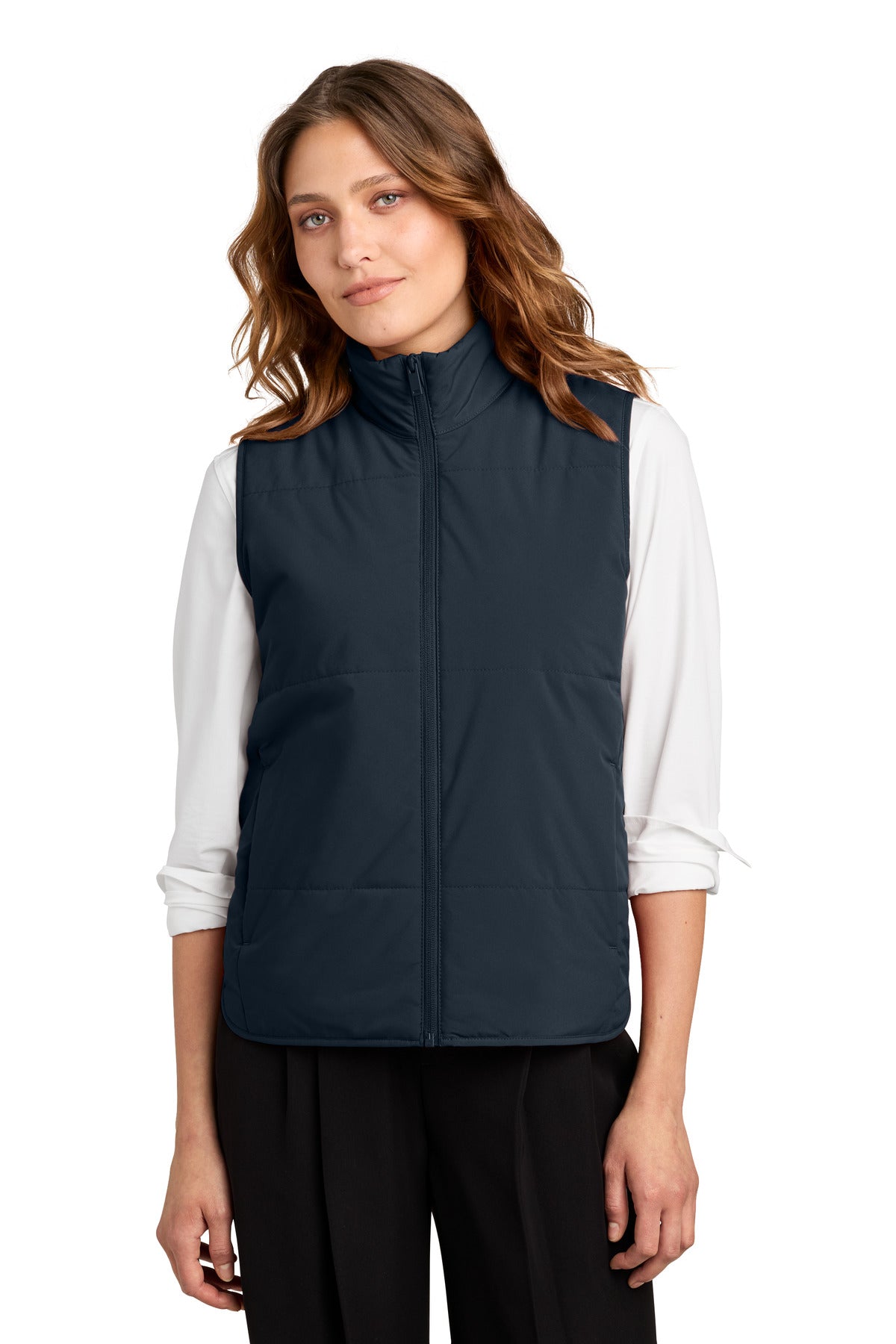 Custom Night Navy Women's Brookline Quilted Vest MM7223, personalized by SanCanDo Swag in Argyle, TX