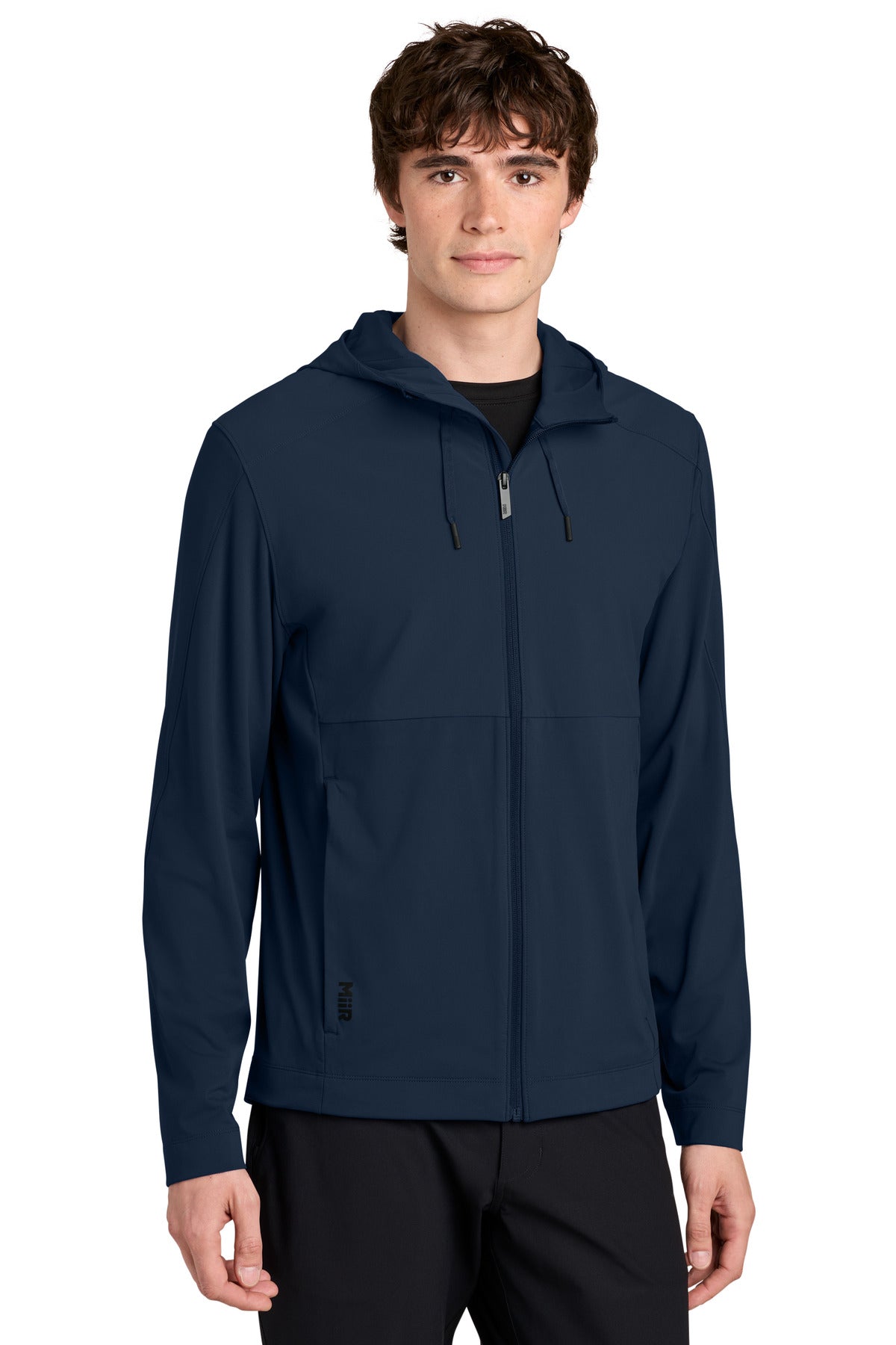 Custom Indigo Navy Kivu Hybrid Full-Zip Hooded Jacket MRA230, personalized by SanCanDo Swag in Argyle, TX