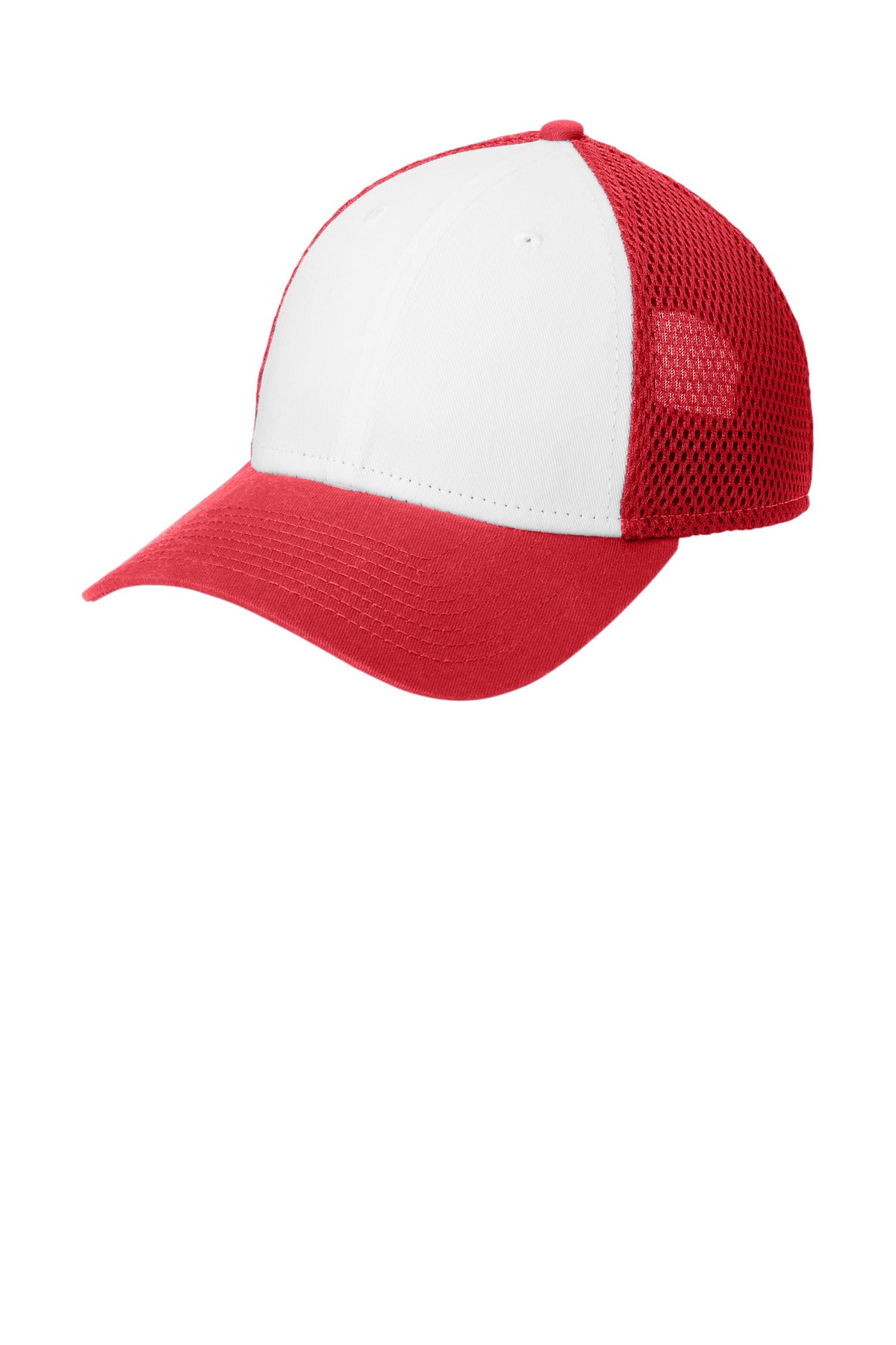 Custom White/ Scarlet Red Snapback Contrast Front Mesh Cap NE204, personalized by SanCanDo Swag in Argyle, TX