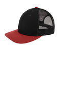 Custom Black/ Scarlet Snapback Low Profile Trucker Cap NE207, personalized by SanCanDo Swag in Argyle, TX