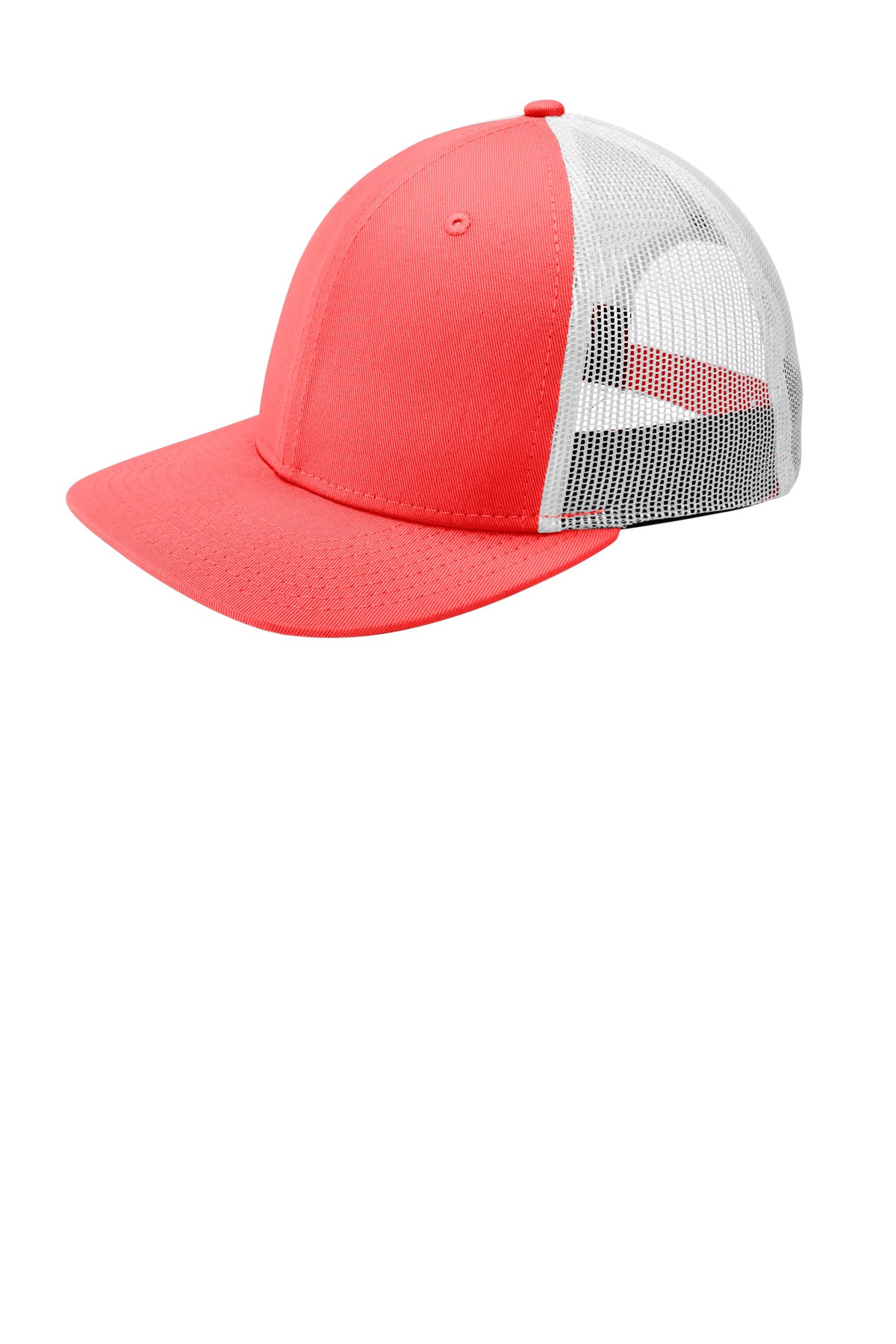 Custom Coral/ White Snapback Low Profile Trucker Cap NE207, personalized by SanCanDo Swag in Argyle, TX