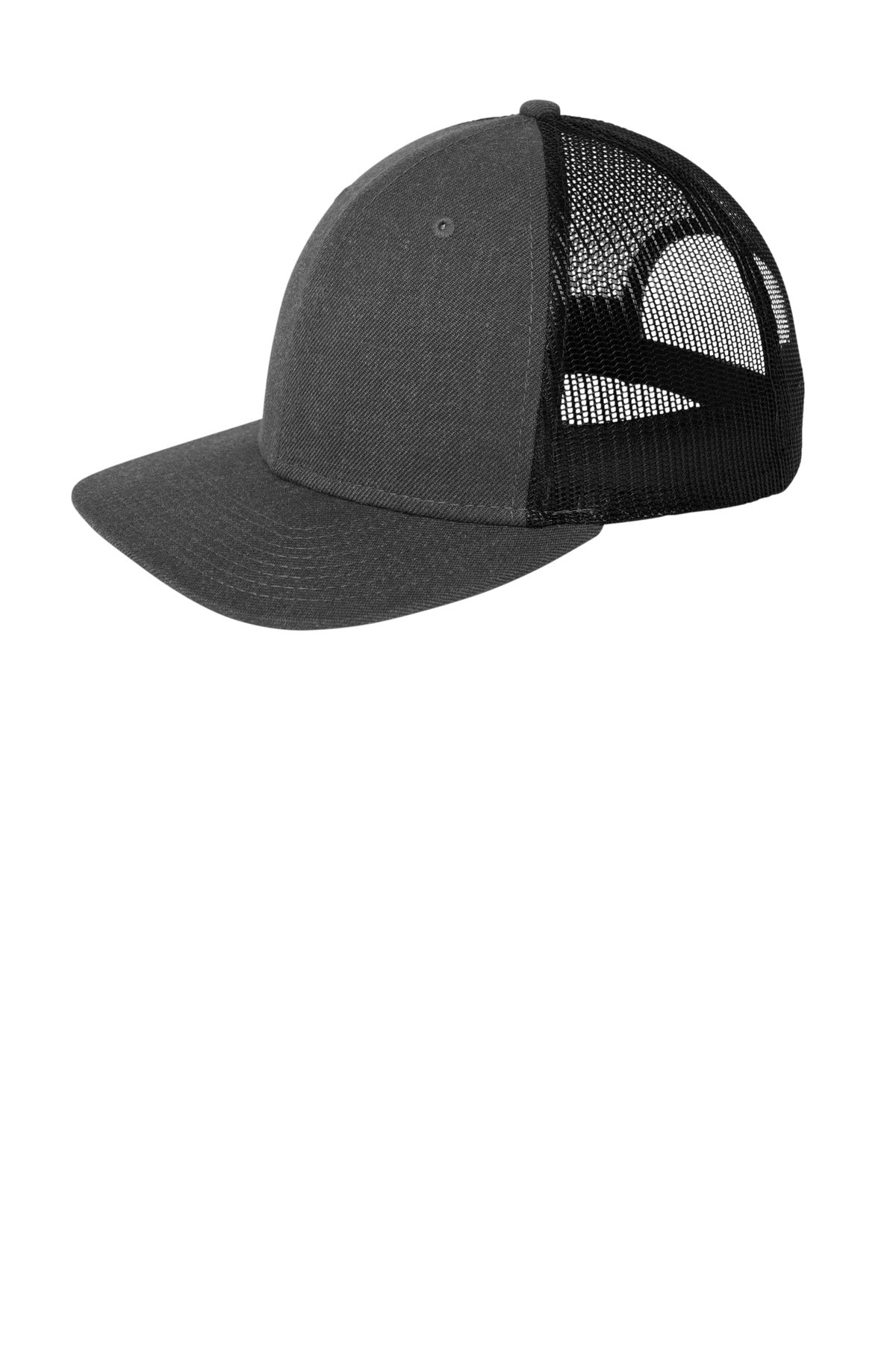 Custom Heather Graphite/ Black Snapback Low Profile Trucker Cap NE207, personalized by SanCanDo Swag in Argyle, TX