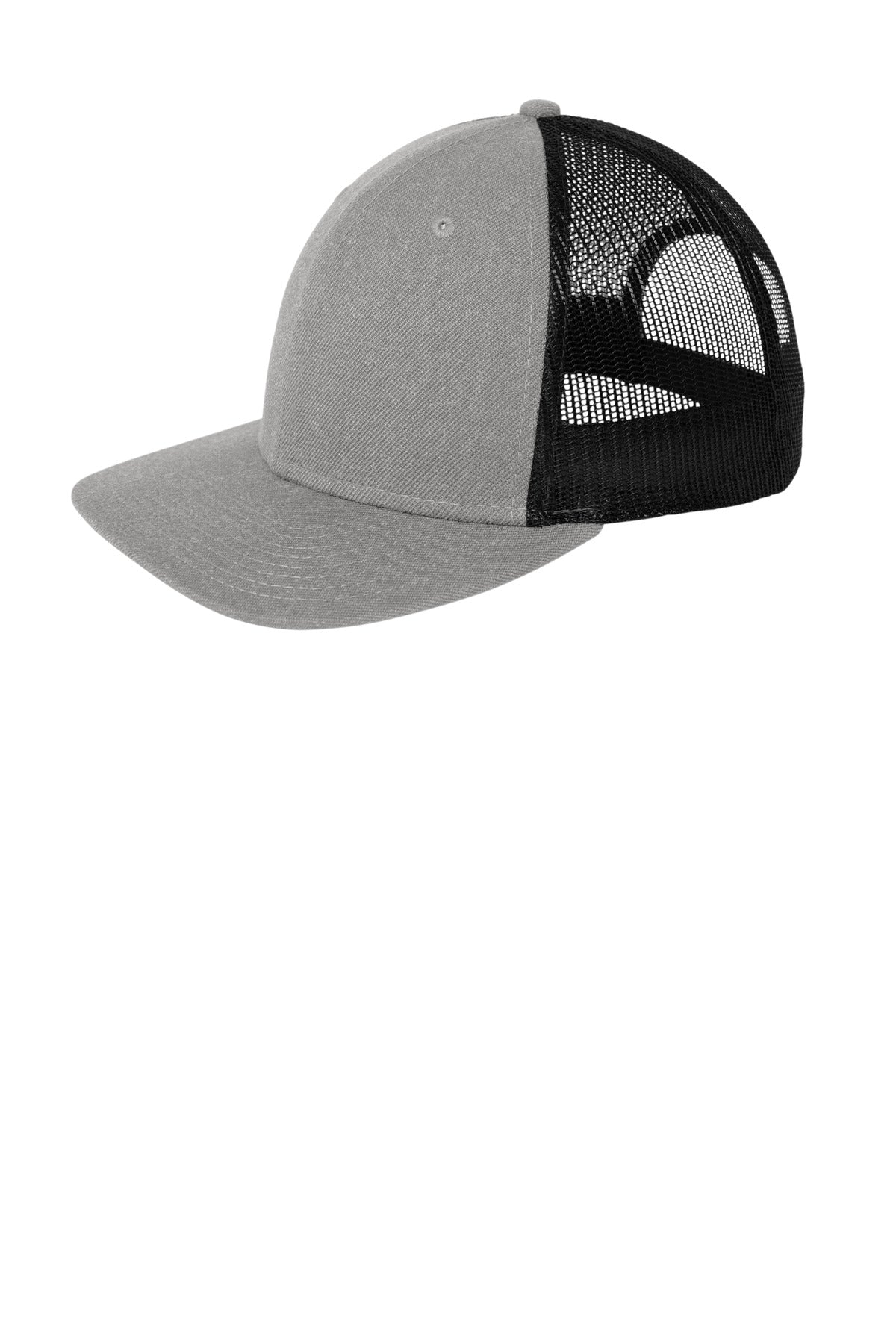 Custom Heather Grey/ Black Snapback Low Profile Trucker Cap NE207, personalized by SanCanDo Swag in Argyle, TX