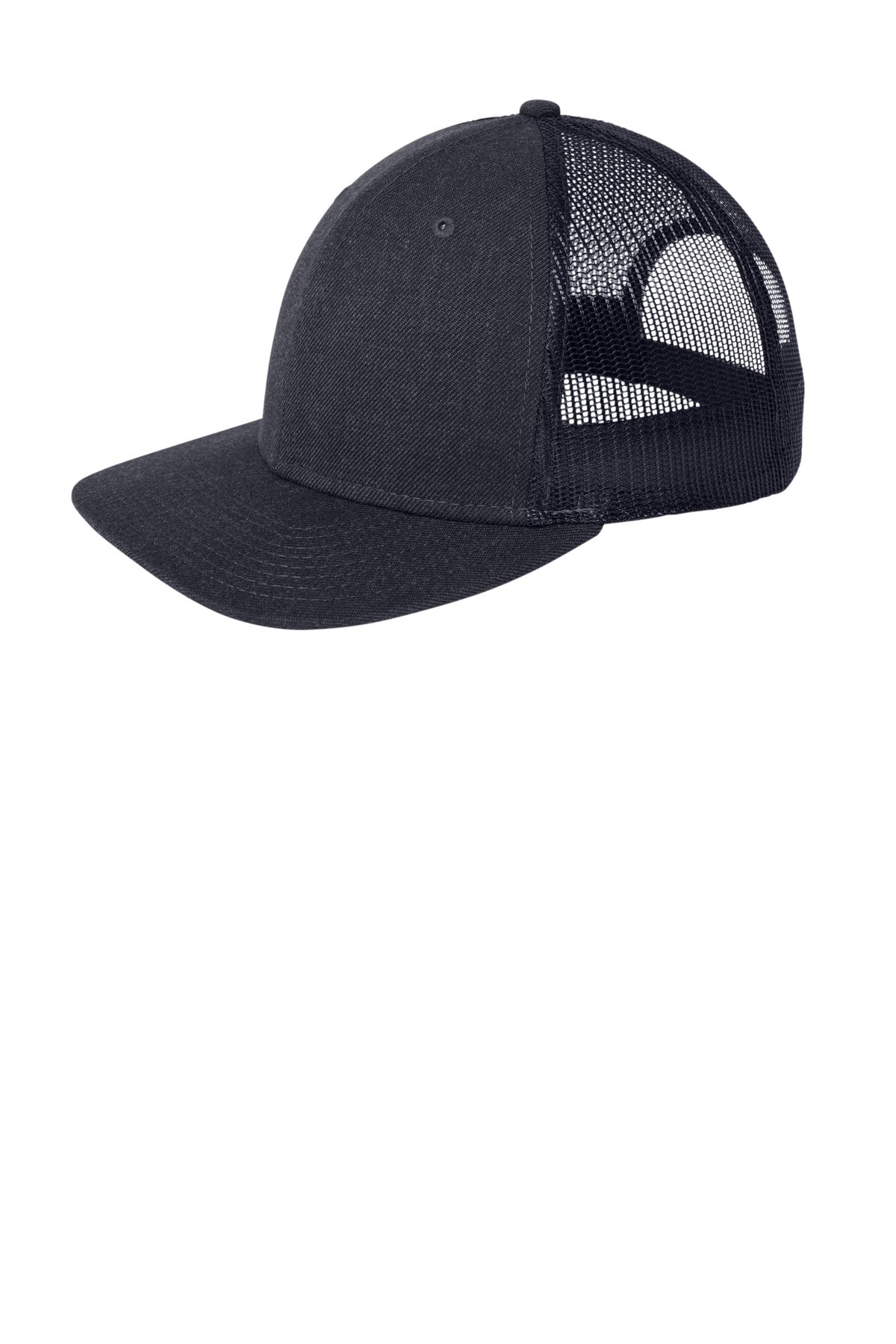 Custom Heather Navy/ Navy Snapback Low Profile Trucker Cap NE207, personalized by SanCanDo Swag in Argyle, TX