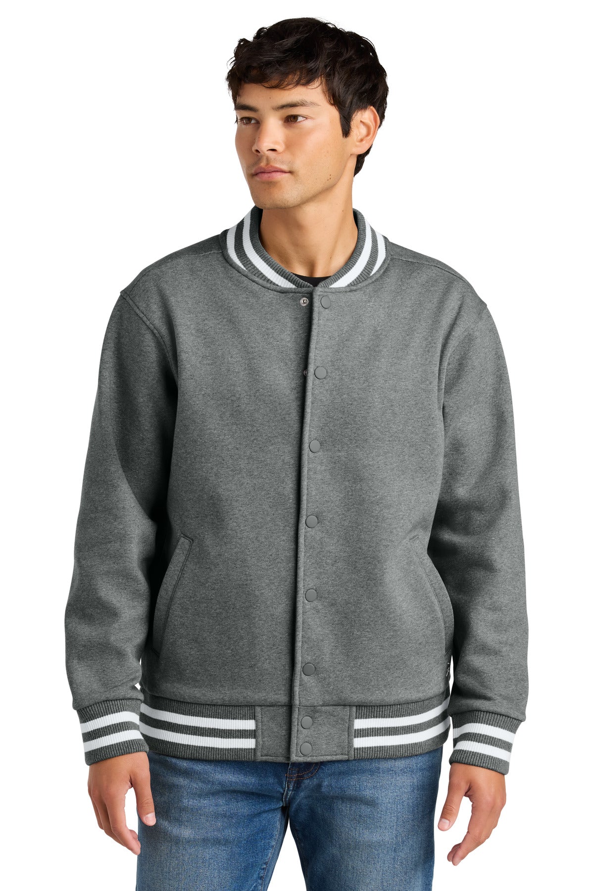 Custom Grey Frost Varsity Heavyweight Fleece Jacket NEA560, personalized by SanCanDo Swag in Argyle, TX