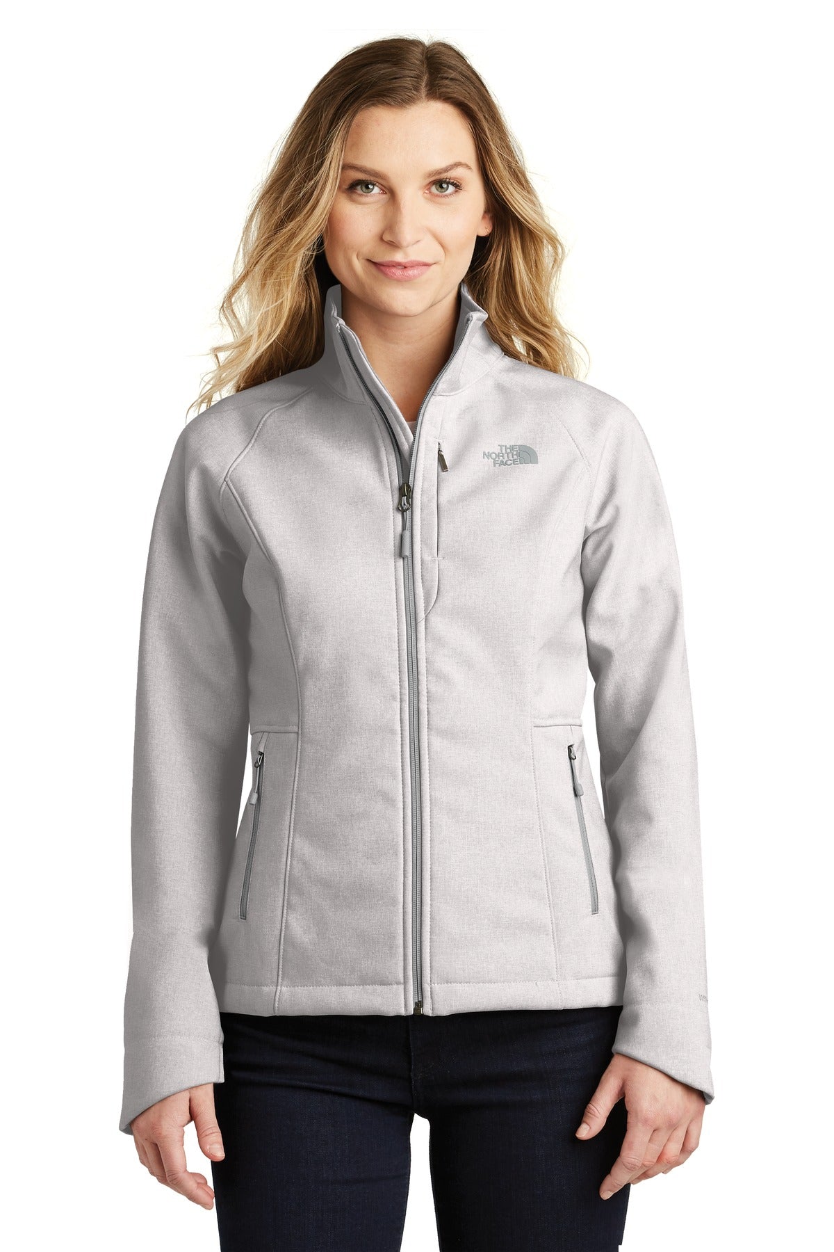 Custom TNF Light Grey Heather Women's Apex Barrier Soft Shell Jacket NF0A3LGU, personalized by SanCanDo Swag in Argyle, TX