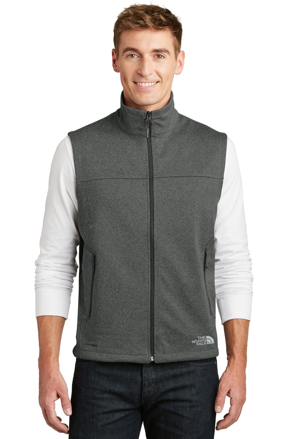 Custom TNF Dark Grey Heather Ridgewall Soft Shell Vest NF0A3LGZ, personalized by SanCanDo Swag in Argyle, TX