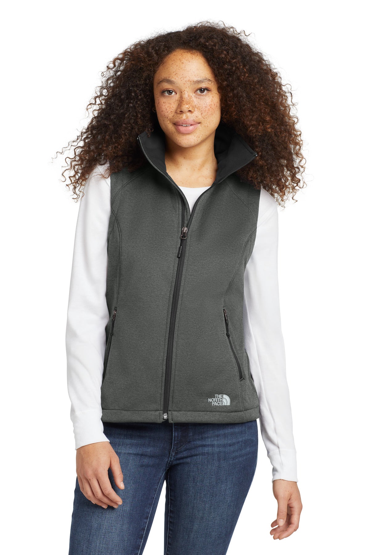 Custom TNF Dark Grey Heather Women's Ridgewall Soft Shell Vest NF0A3LH1, personalized by SanCanDo Swag in Argyle, TX
