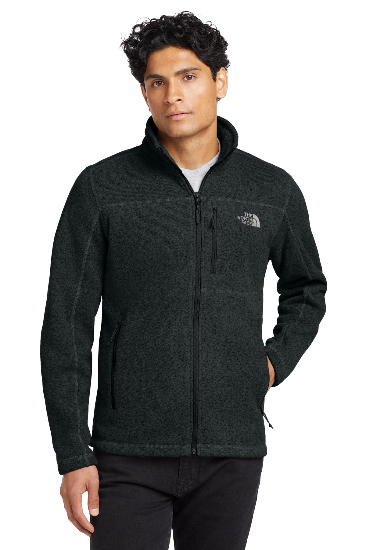 Custom TNF Black Heather Sweater Fleece Jacket NF0A3LH7, personalized by SanCanDo Swag in Argyle, TX