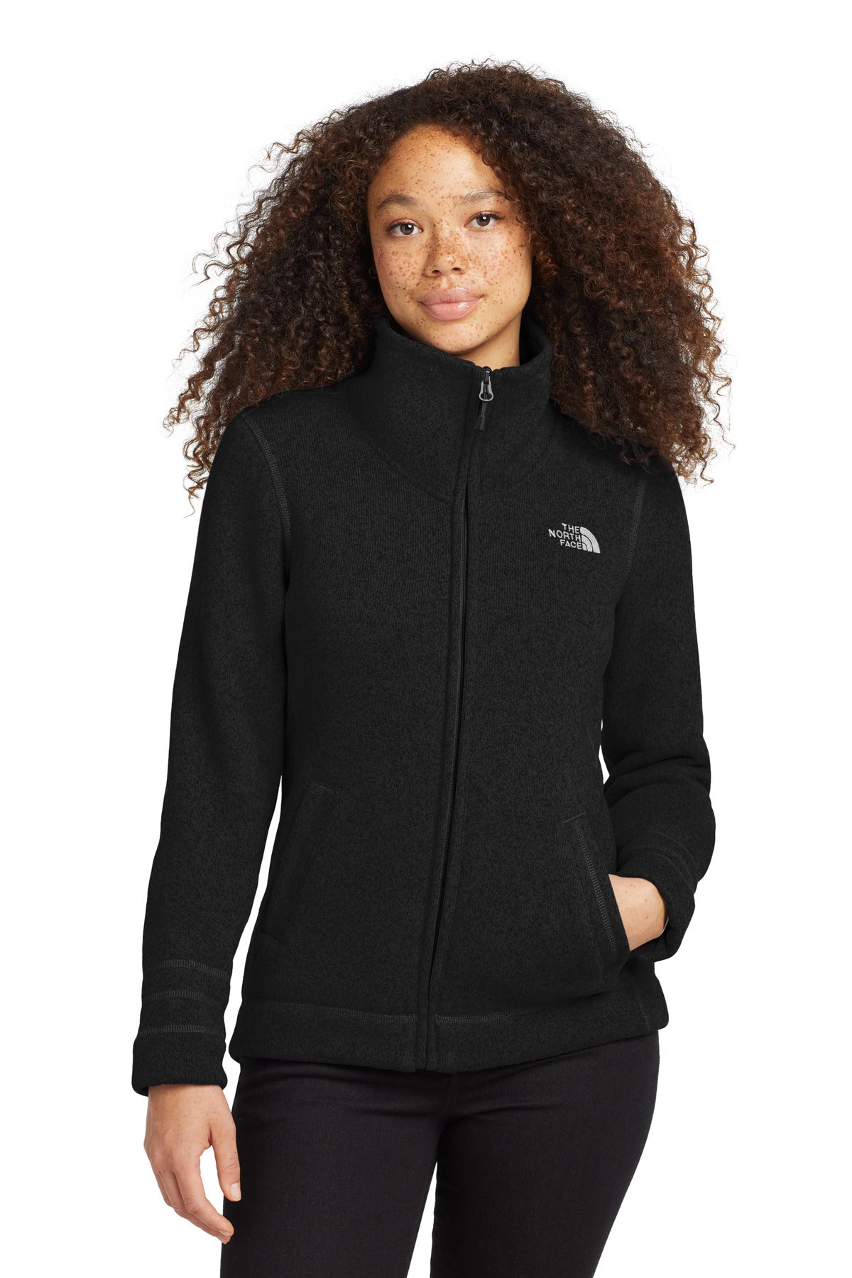 Custom TNF Black Heather Women's Sweater Fleece Jacket NF0A3LH8, personalized by SanCanDo Swag in Argyle, TX
