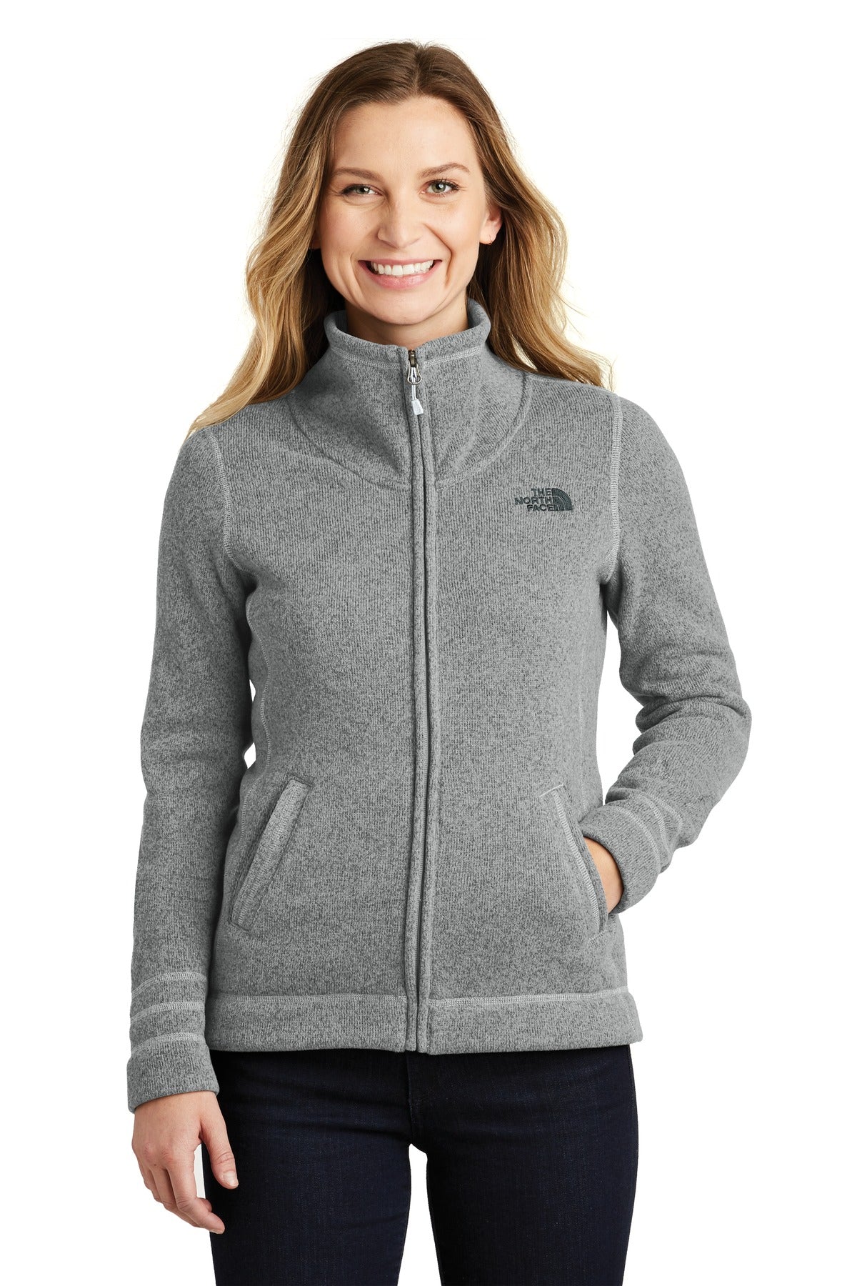Custom TNF Medium Grey Heather Women's Sweater Fleece Jacket NF0A3LH8, personalized by SanCanDo Swag in Argyle, TX