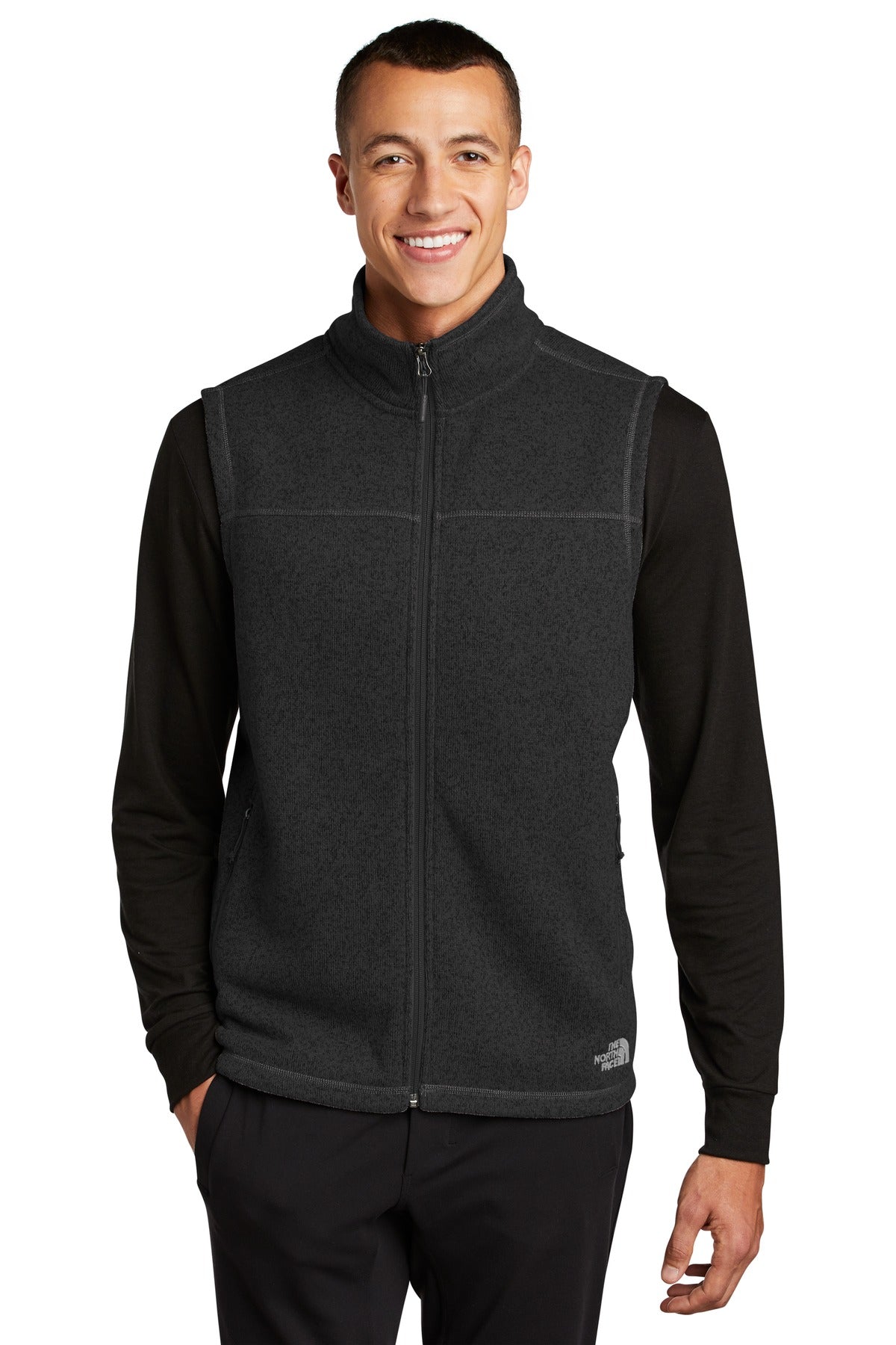 Custom TNF Black Heather Sweater Fleece Vest NF0A47FA, personalized by SanCanDo Swag in Argyle, TX
