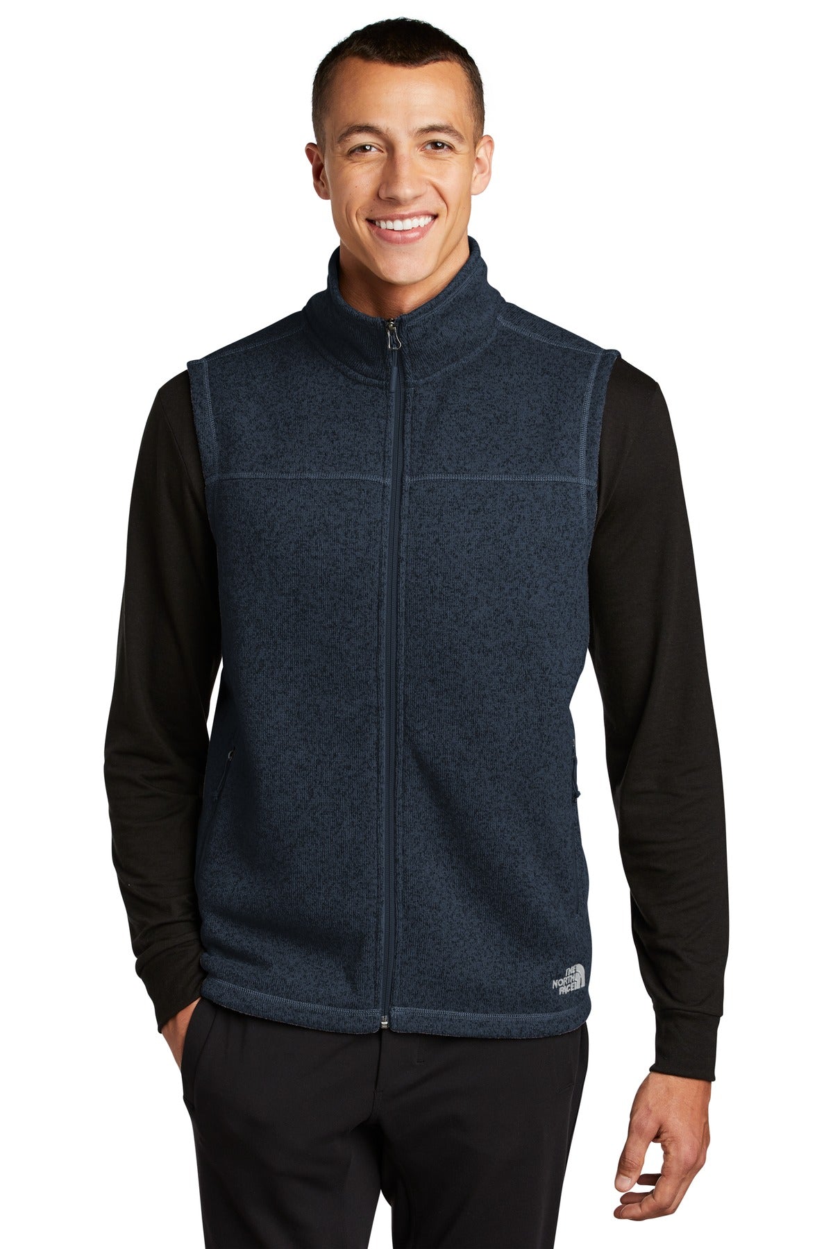 Custom Urban Navy Heather Sweater Fleece Vest NF0A47FA, personalized by SanCanDo Swag in Argyle, TX