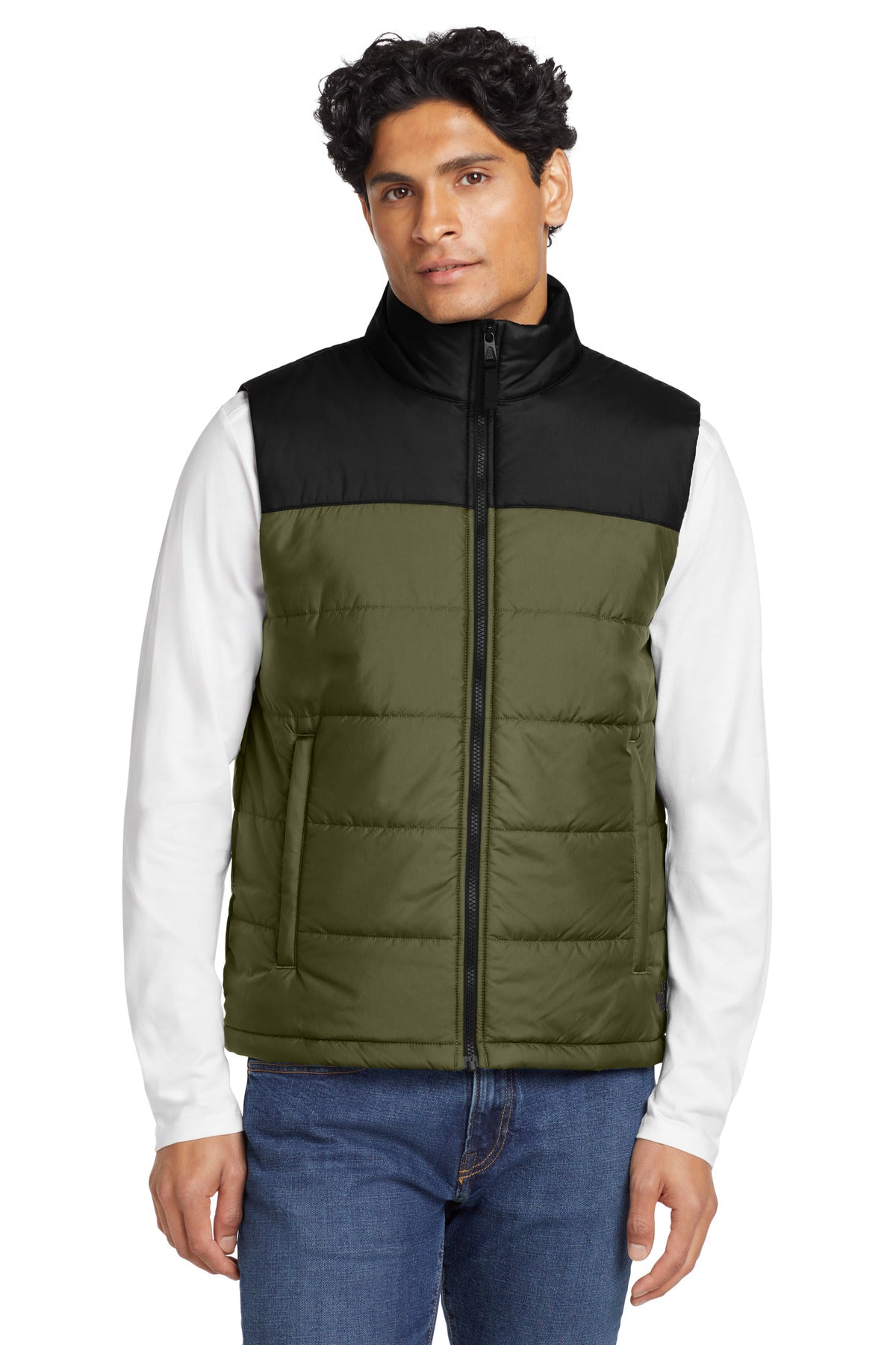 Custom Burnt Olive Green Everyday Insulated Vest NF0A529A, personalized by SanCanDo Swag in Argyle, TX