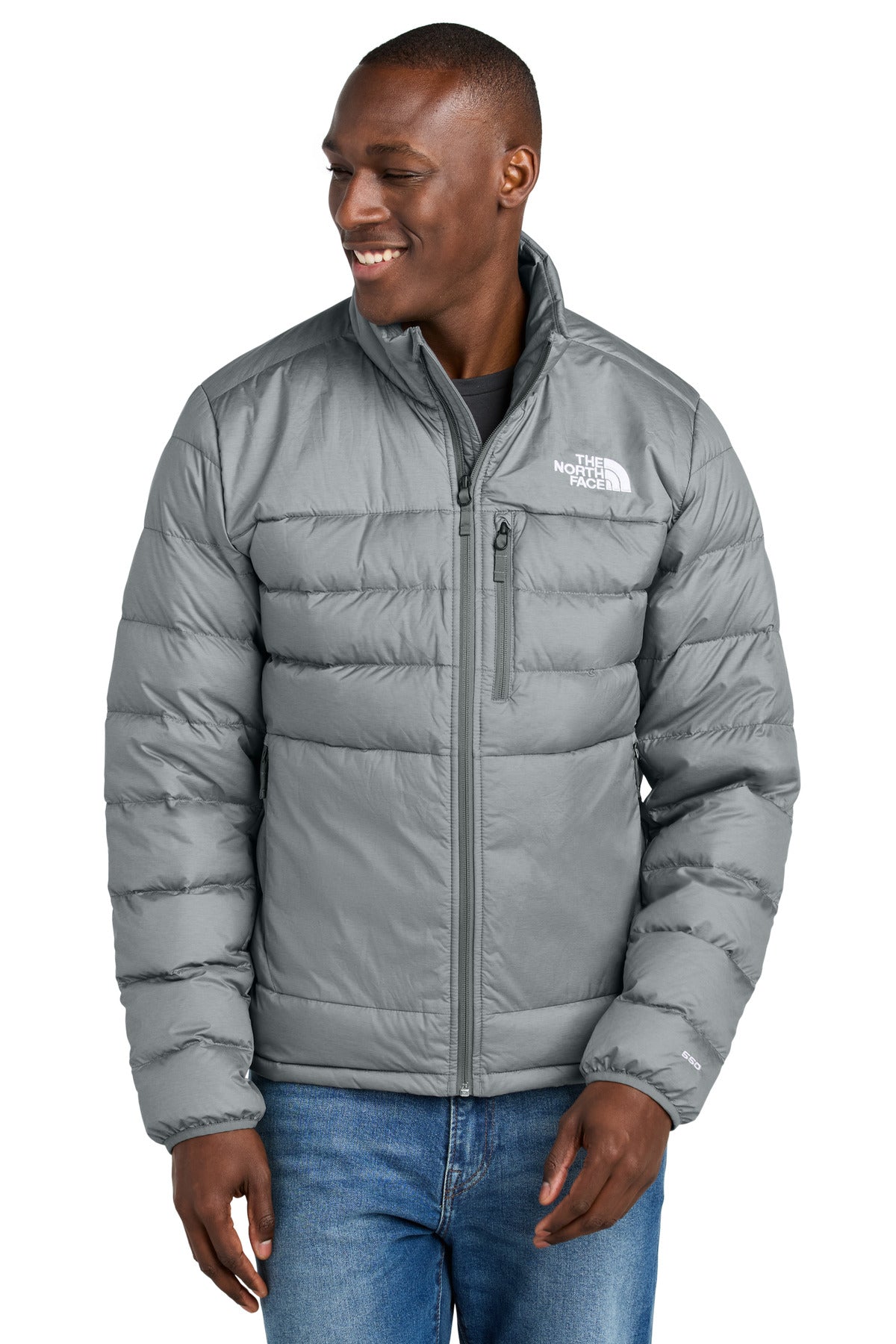Custom TNF Medium Grey Heather Down Hybrid Jacket NF0A7V4F, personalized by SanCanDo Swag in Argyle, TX