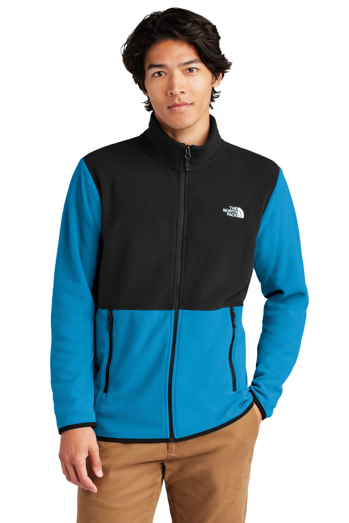 Custom Hero Blue/ TNF Black Glacier Full-Zip Fleece Jacket NF0A7V4J, personalized by SanCanDo Swag in Argyle, TX