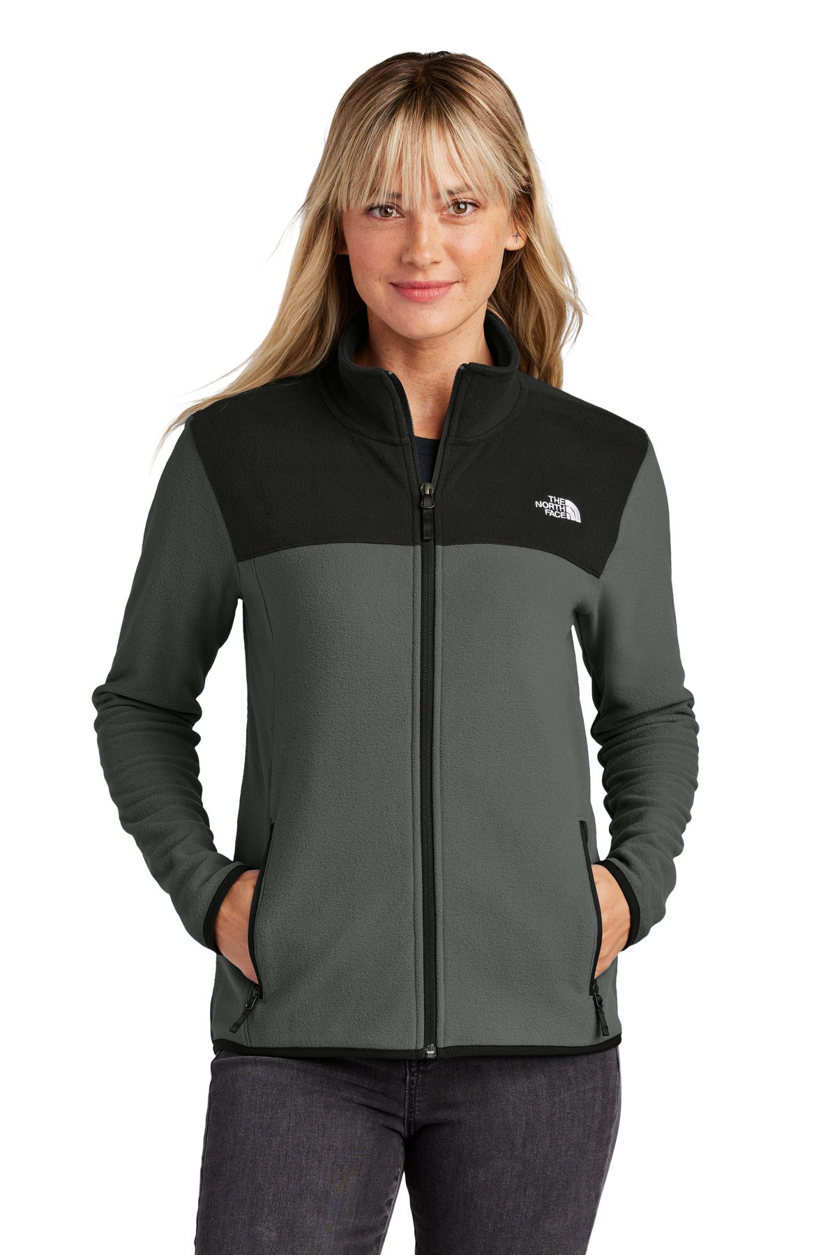 Custom Asphalt Grey/ TNF Black Women's Glacier Full-Zip Fleece Jacket NF0A7V4K, personalized by SanCanDo Swag in Argyle, TX
