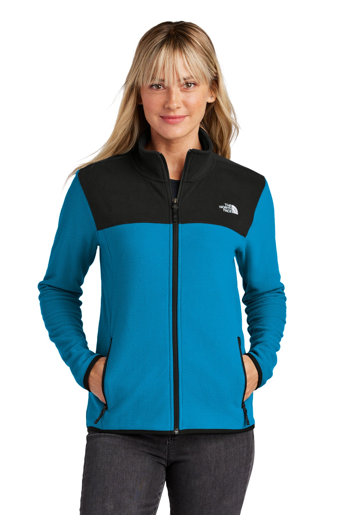 Custom Hero Blue/ TNF Black Women's Glacier Full-Zip Fleece Jacket NF0A7V4K, personalized by SanCanDo Swag in Argyle, TX