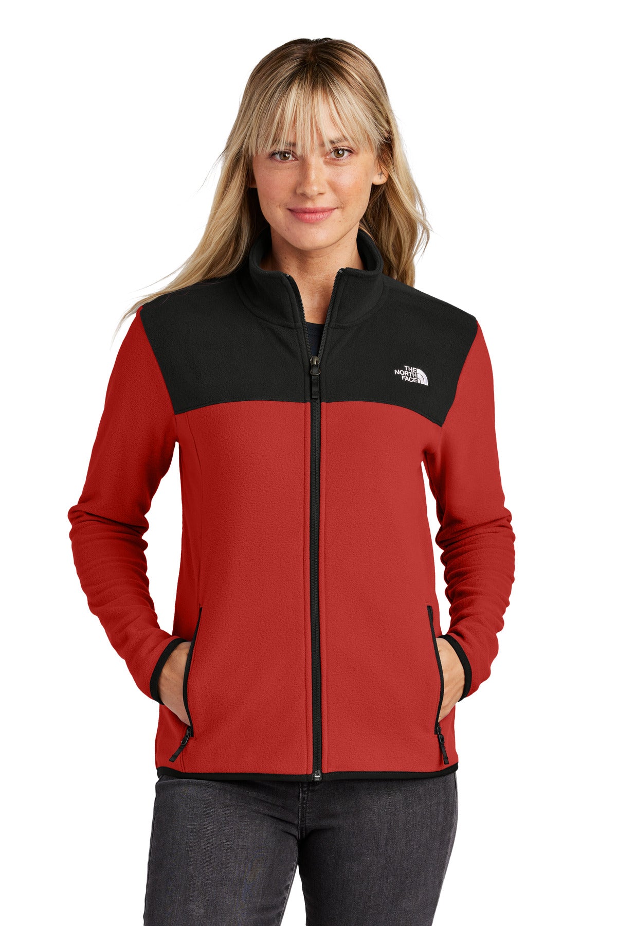 Custom Rage Red / TNF Black Women's Glacier Full-Zip Fleece Jacket NF0A7V4K, personalized by SanCanDo Swag in Argyle, TX