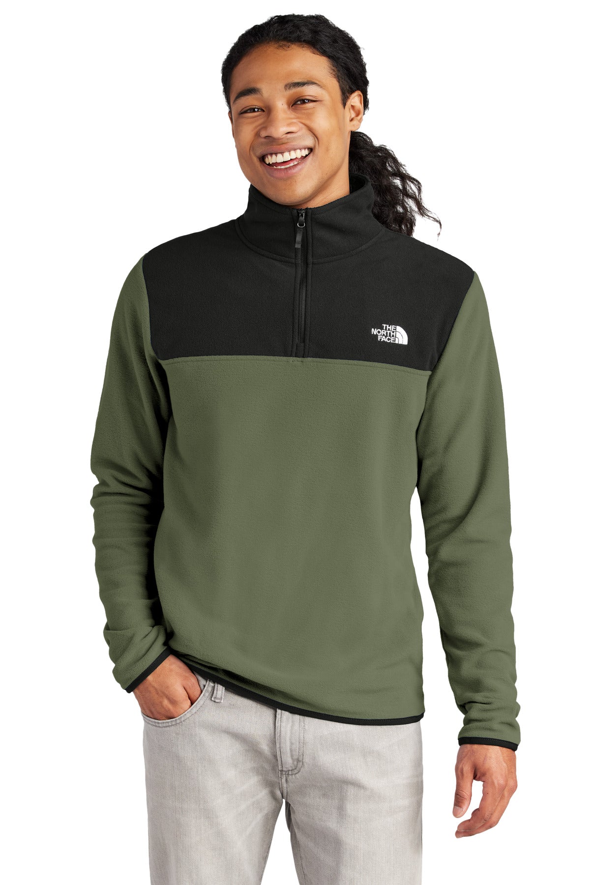 Custom New Taupe Green/ TNF Black Glacier 1/4-Zip Fleece NF0A7V4L, personalized by SanCanDo Swag in Argyle, TX