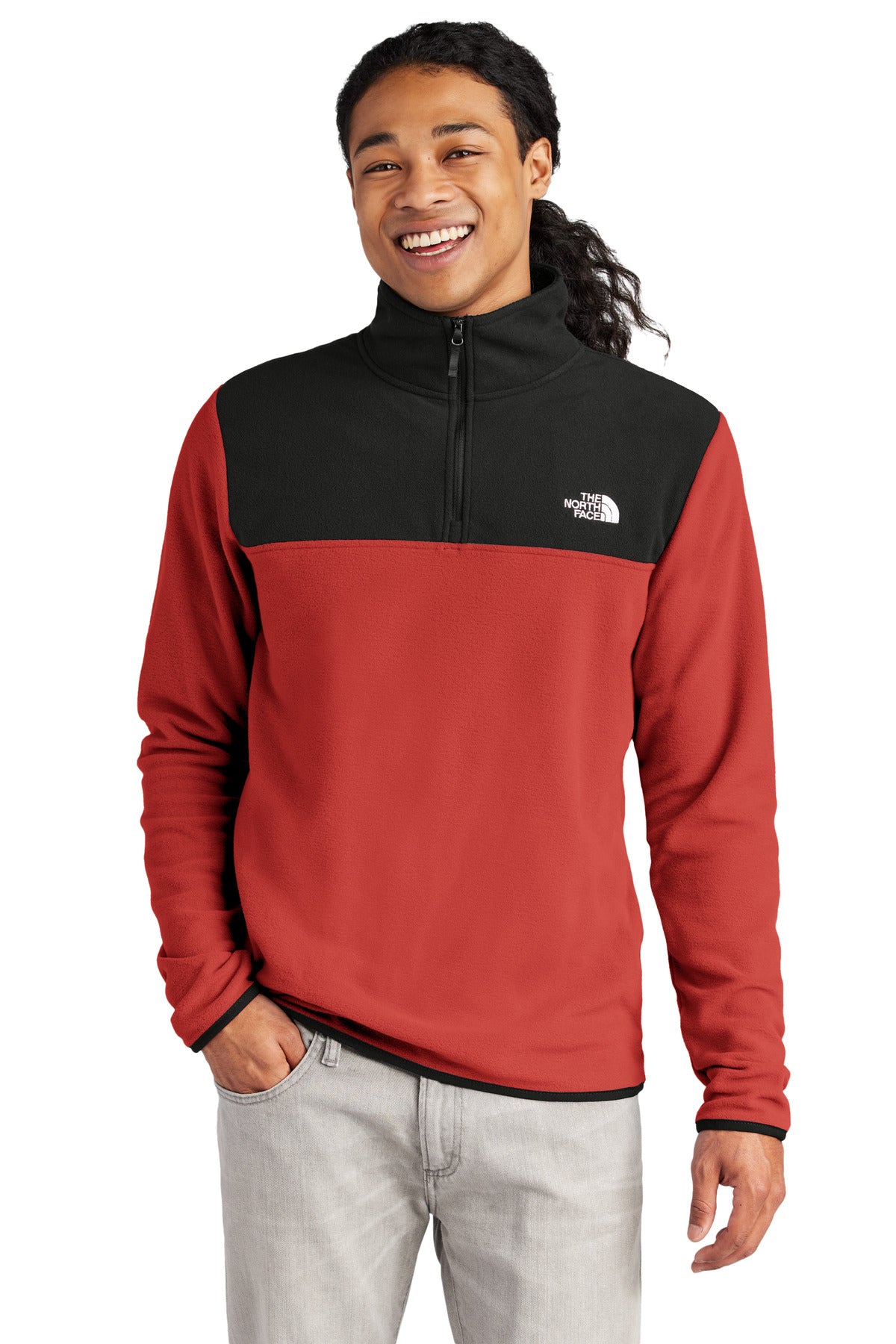 Custom Rage Red/ TNF Black Glacier 1/4-Zip Fleece NF0A7V4L, personalized by SanCanDo Swag in Argyle, TX