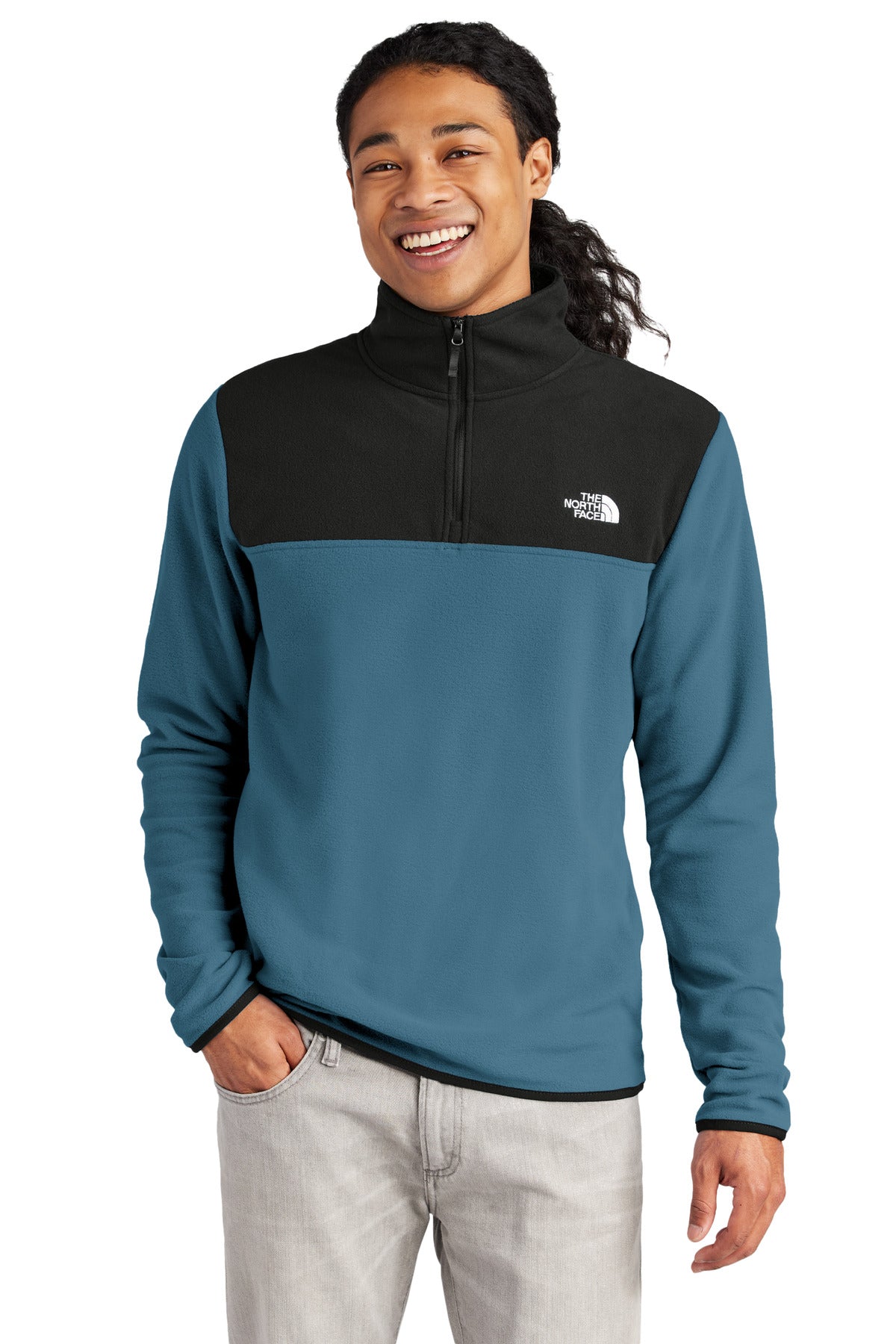 Custom Shady Blue/ TNF Black Glacier 1/4-Zip Fleece NF0A7V4L, personalized by SanCanDo Swag in Argyle, TX