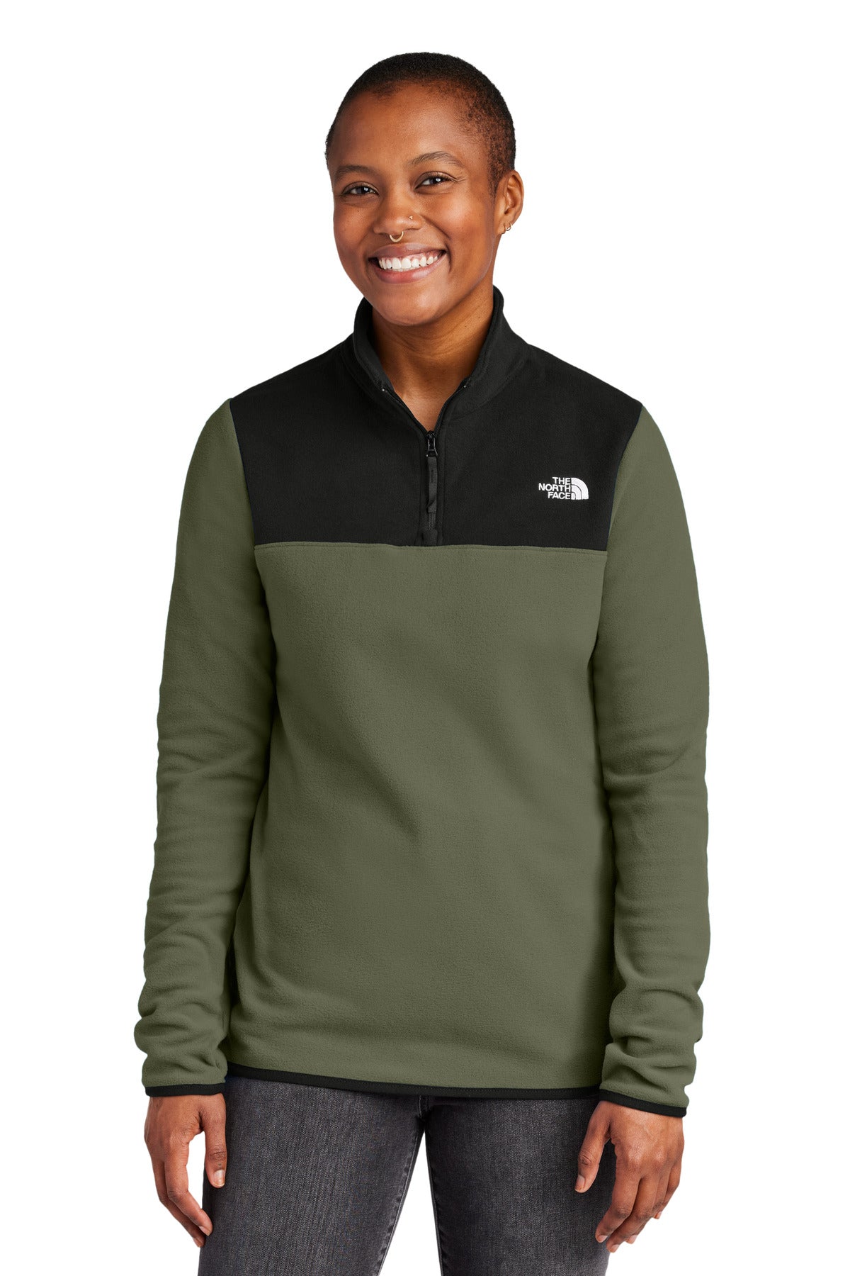 Custom New Taupe Green/ TNF Black Women's Glacier 1/4-Zip Fleece NF0A7V4M, personalized by SanCanDo Swag in Argyle, TX