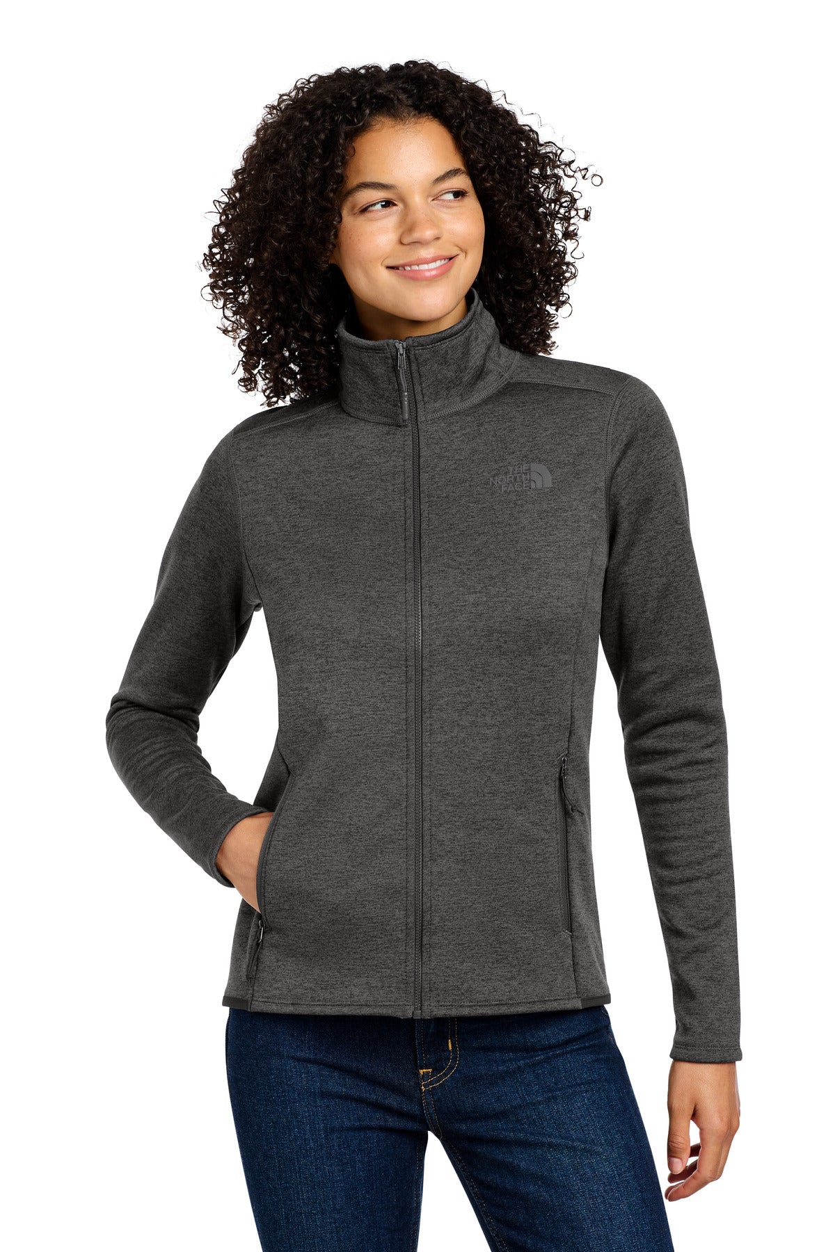 Custom TNF Dark Grey Heather Women's Skyline Full-Zip Fleece Jacket NF0A7V62, personalized by SanCanDo Swag in Argyle, TX