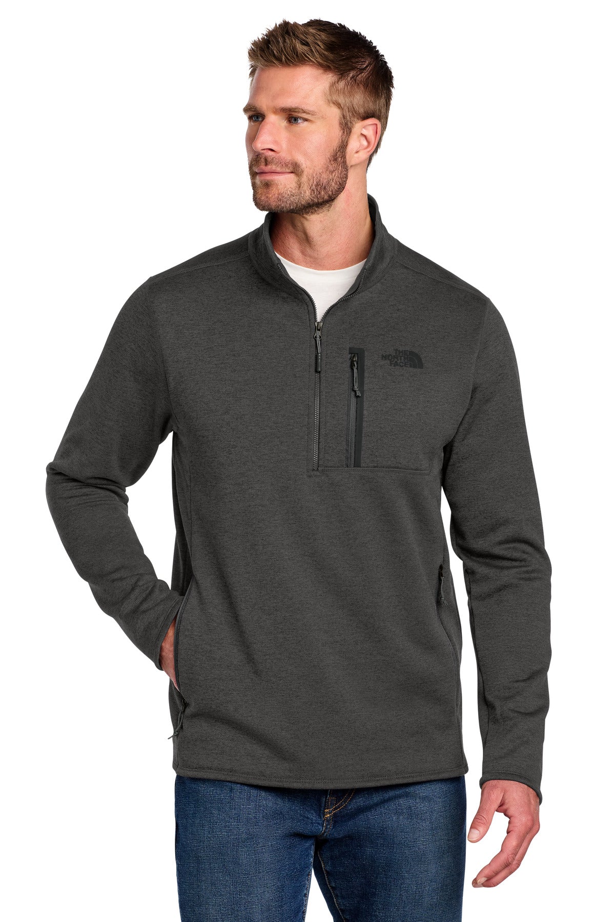 Custom TNF Dark Grey Heather Skyline 1/2-Zip Fleece NF0A7V63, personalized by SanCanDo Swag in Argyle, TX