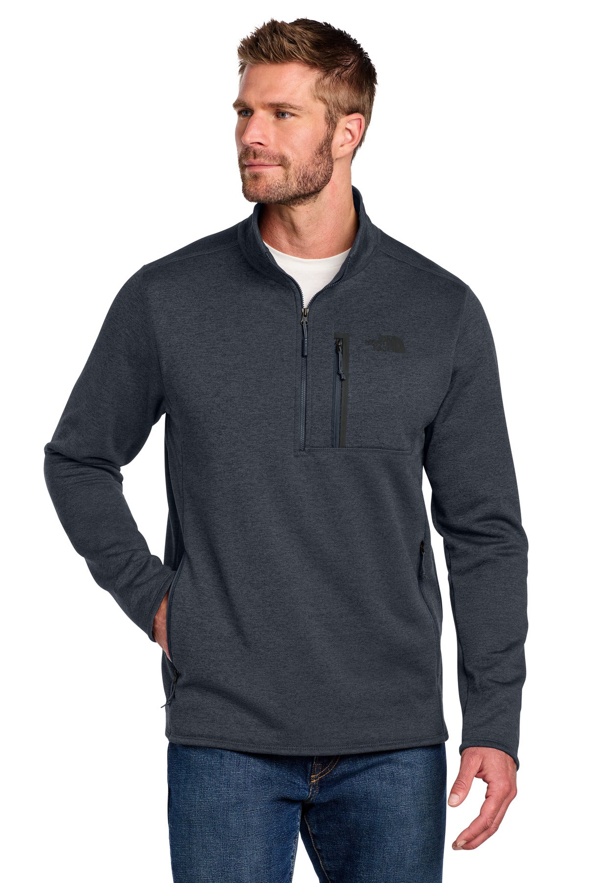Custom Urban Navy Heather Skyline 1/2-Zip Fleece NF0A7V63, personalized by SanCanDo Swag in Argyle, TX