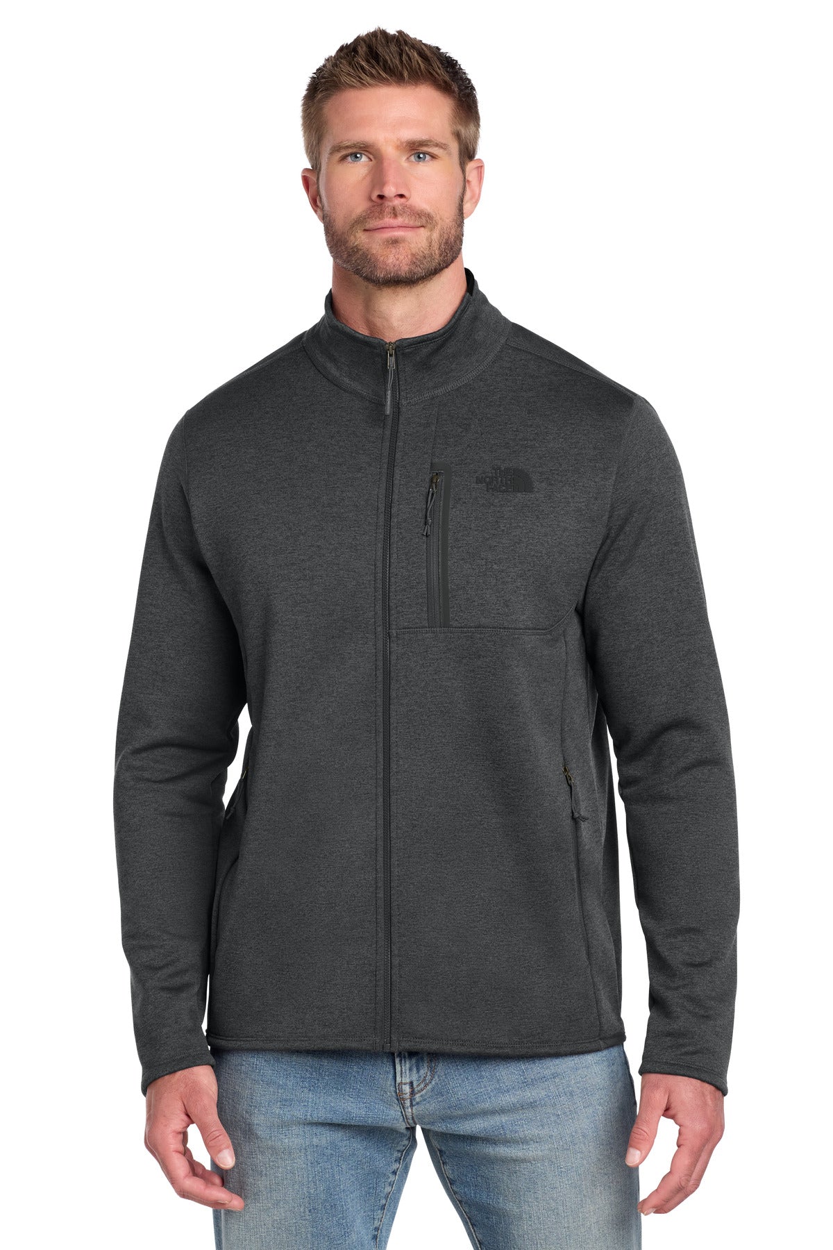 Custom TNF Dark Grey Heather Skyline Full-Zip Fleece Jacket NF0A7V64, personalized by SanCanDo Swag in Argyle, TX