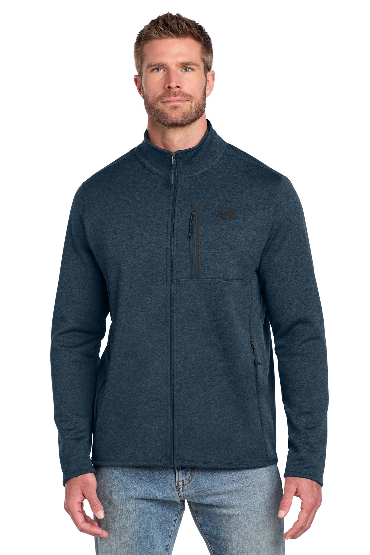 Custom Urban Navy Heather Skyline Full-Zip Fleece Jacket NF0A7V64, personalized by SanCanDo Swag in Argyle, TX