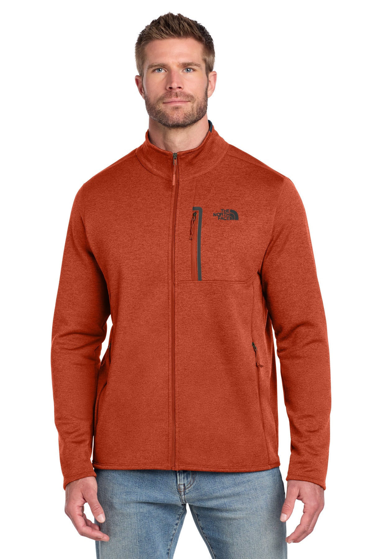 Custom Zion Orange Heather/ Urban Navy Skyline Full-Zip Fleece Jacket NF0A7V64, personalized by SanCanDo Swag in Argyle, TX