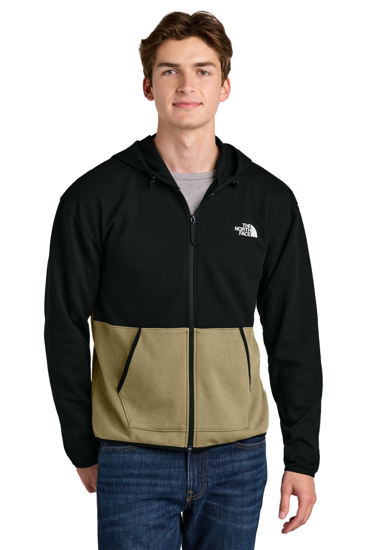 Custom Khaki Stone/ TNF Black Double-Knit Full-Zip Hoodie NF0A8BUS, personalized by SanCanDo Swag in Argyle, TX