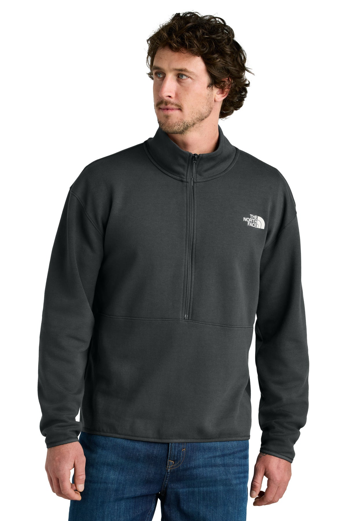 Custom Asphalt Grey Double-Knit 1/2-Zip Fleece NF0A8C5G, personalized by SanCanDo Swag in Argyle, TX