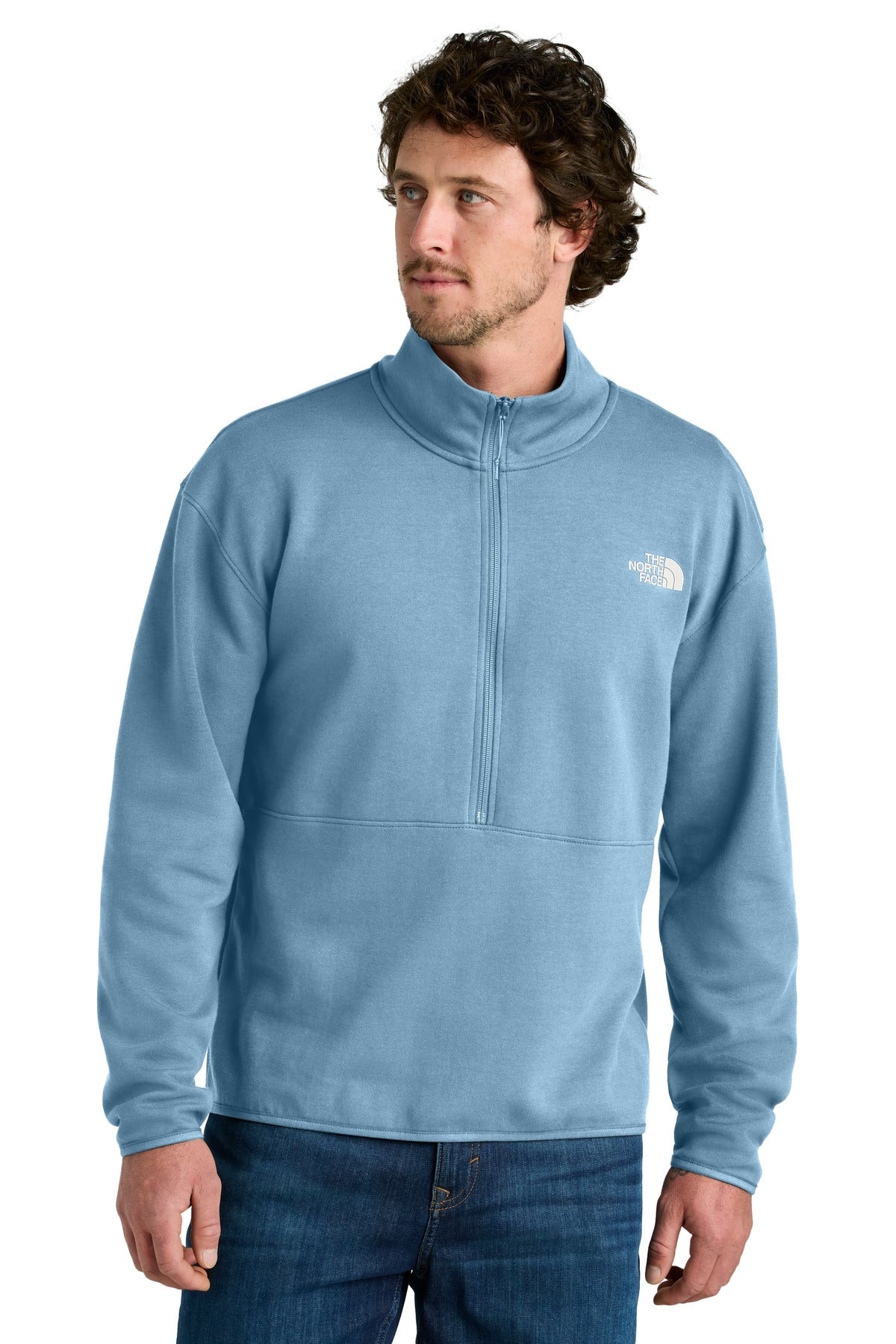 Custom Steel Blue Double-Knit 1/2-Zip Fleece NF0A8C5G, personalized by SanCanDo Swag in Argyle, TX