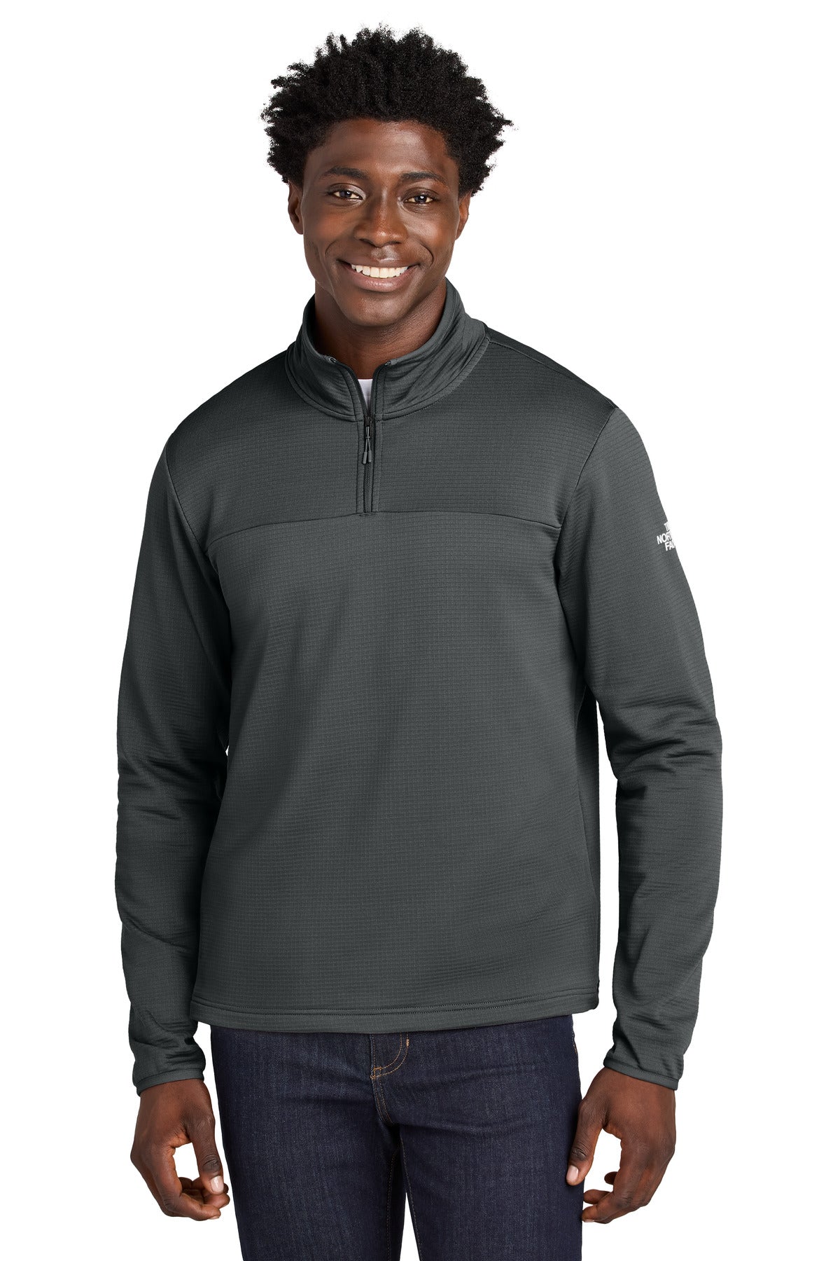 Custom Asphalt Grey Aim 1/4-Zip Fleece NF0A8ENJ, personalized by SanCanDo Swag in Argyle, TX