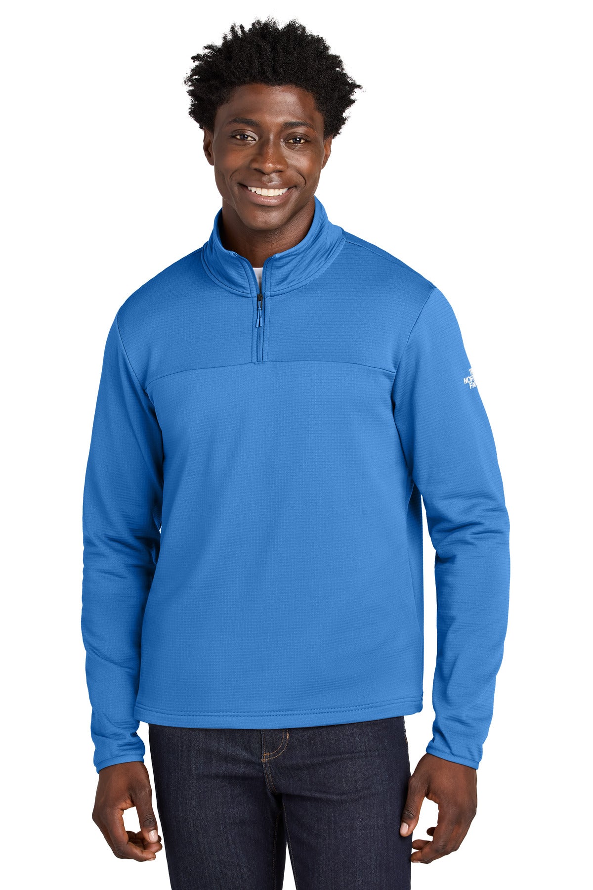 Custom Marina Blue Aim 1/4-Zip Fleece NF0A8ENJ, personalized by SanCanDo Swag in Argyle, TX